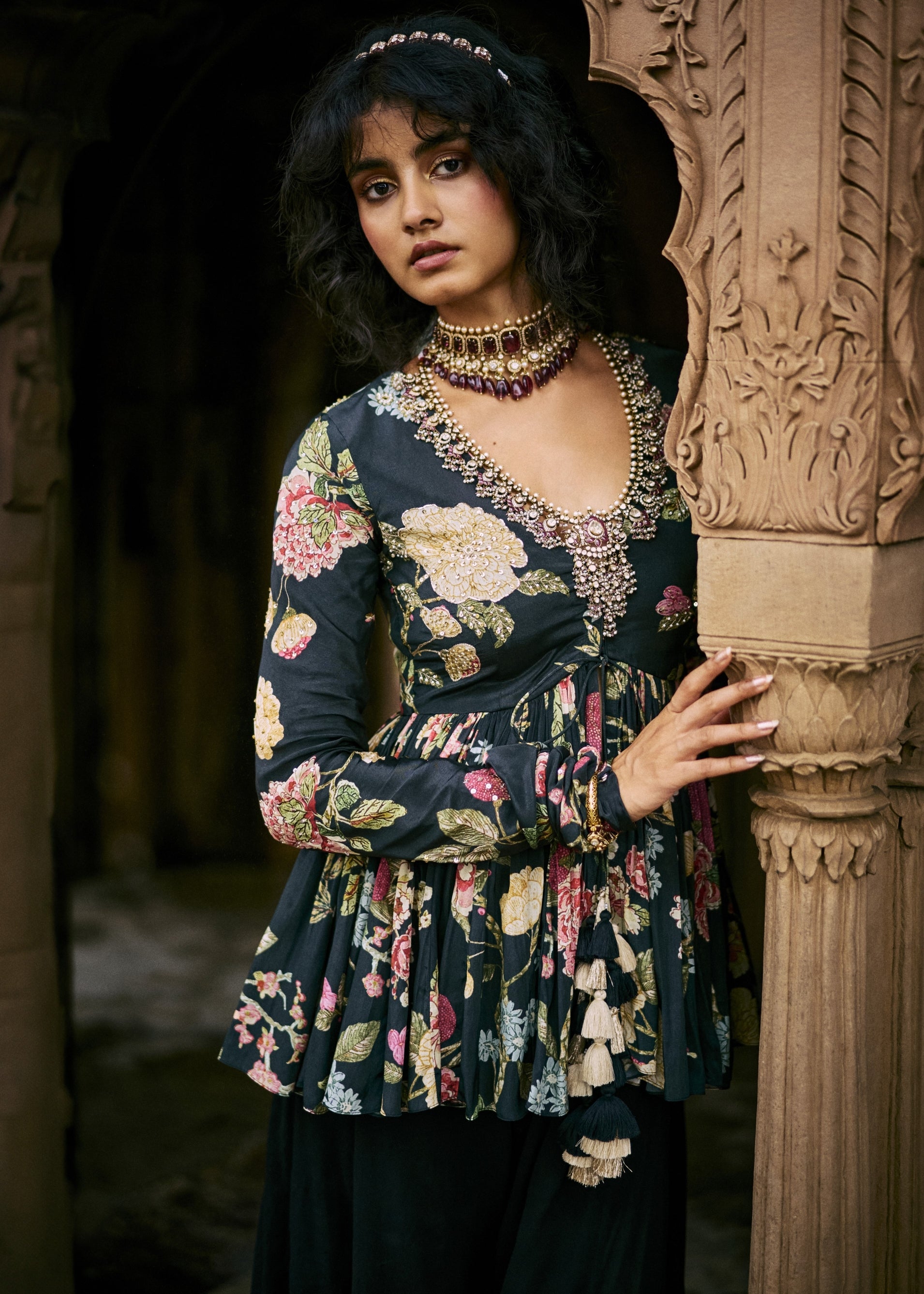 Black Floral Print Peplum Set