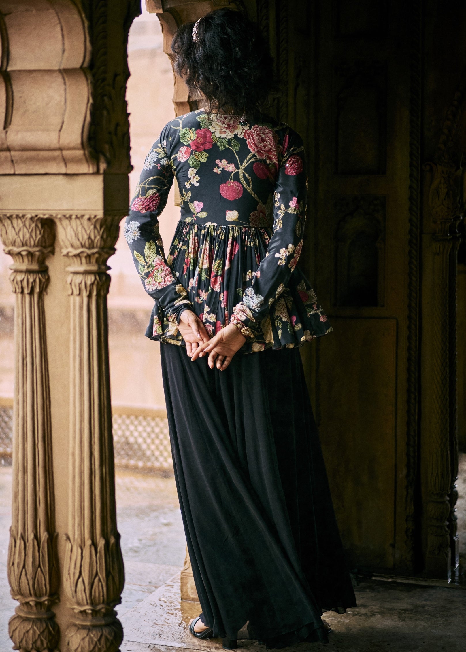 Black Floral Print Peplum Set
