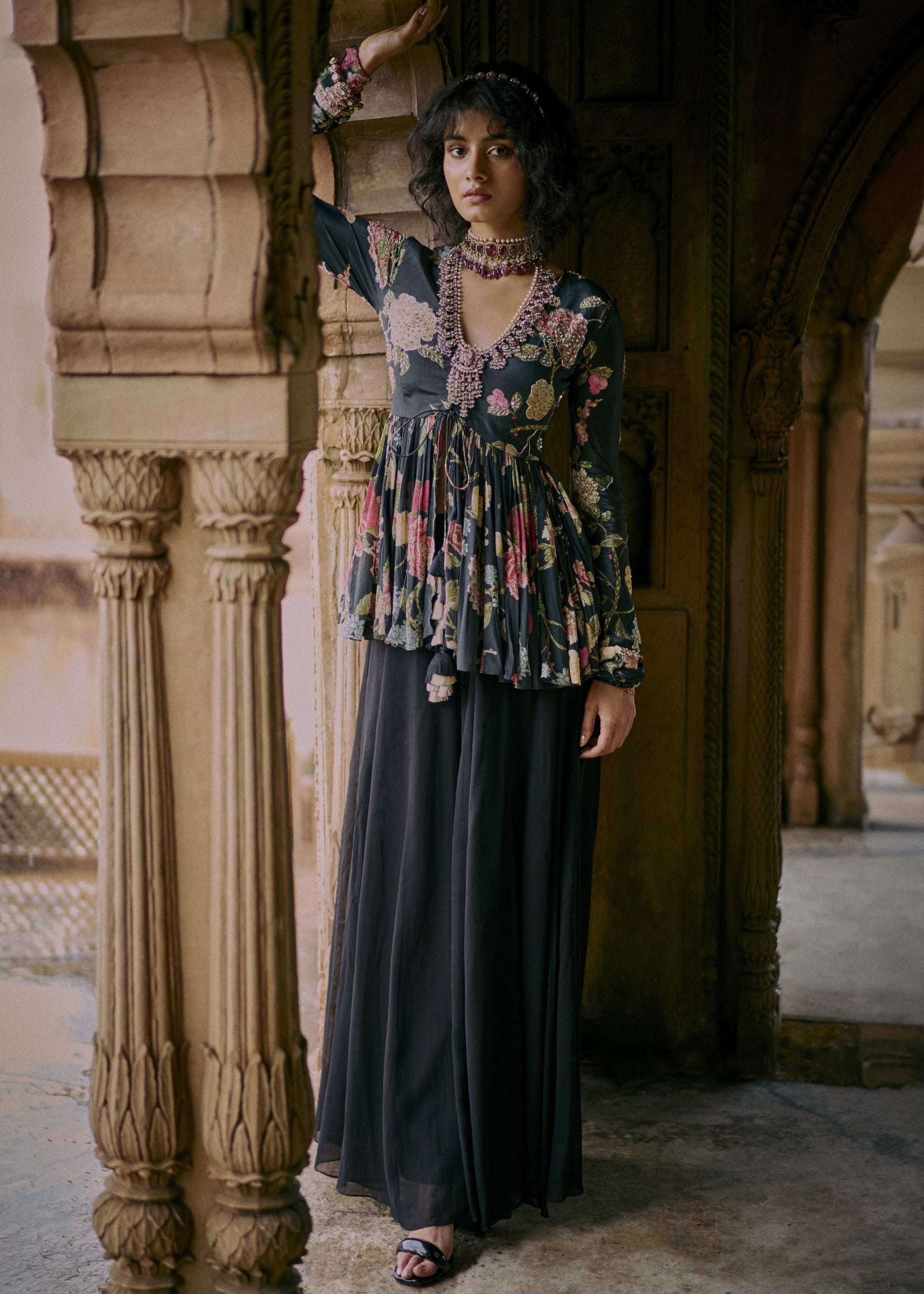 Black Floral Print Peplum Set