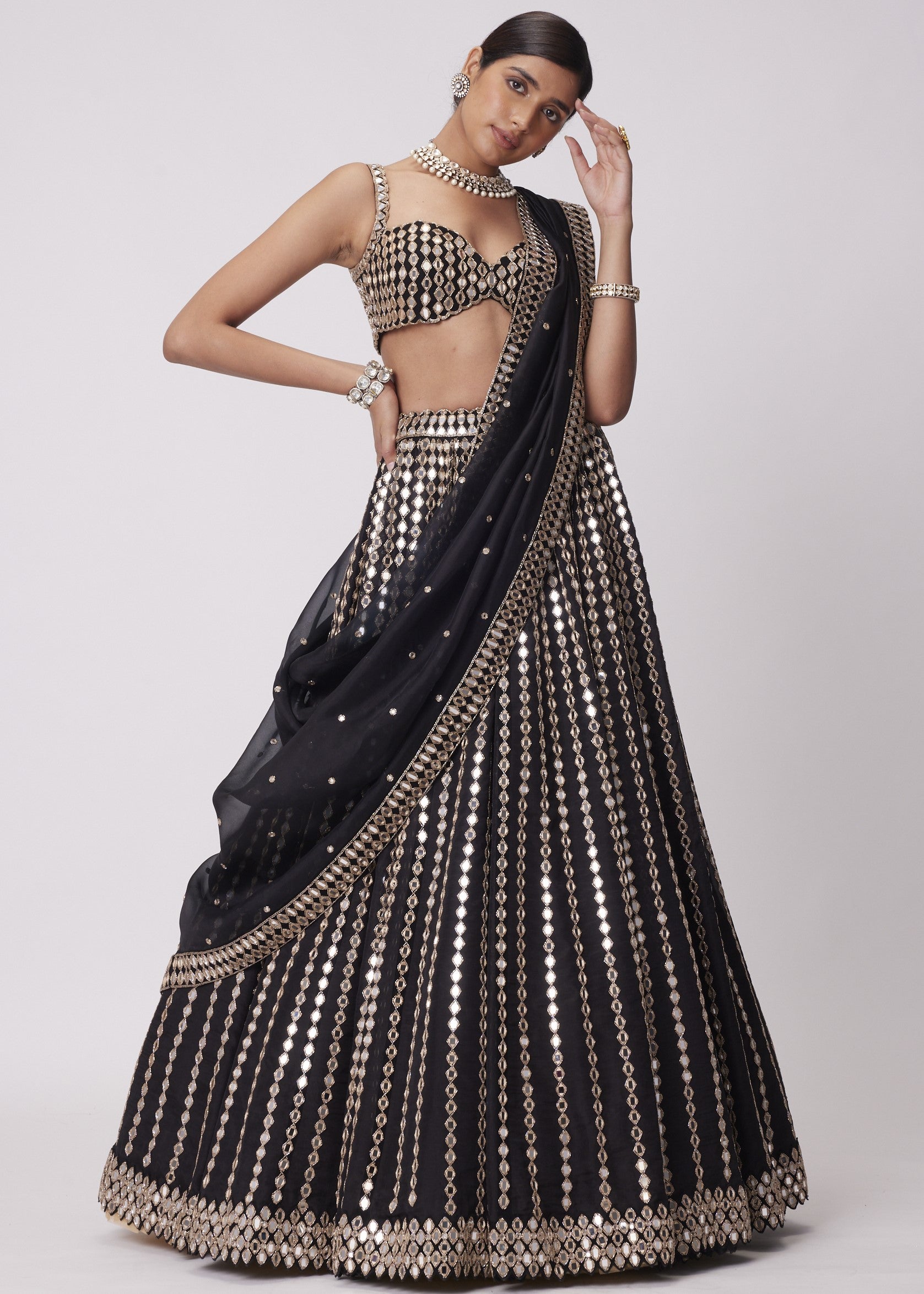 Black Linear Mirror Embroidered Lehenga Set