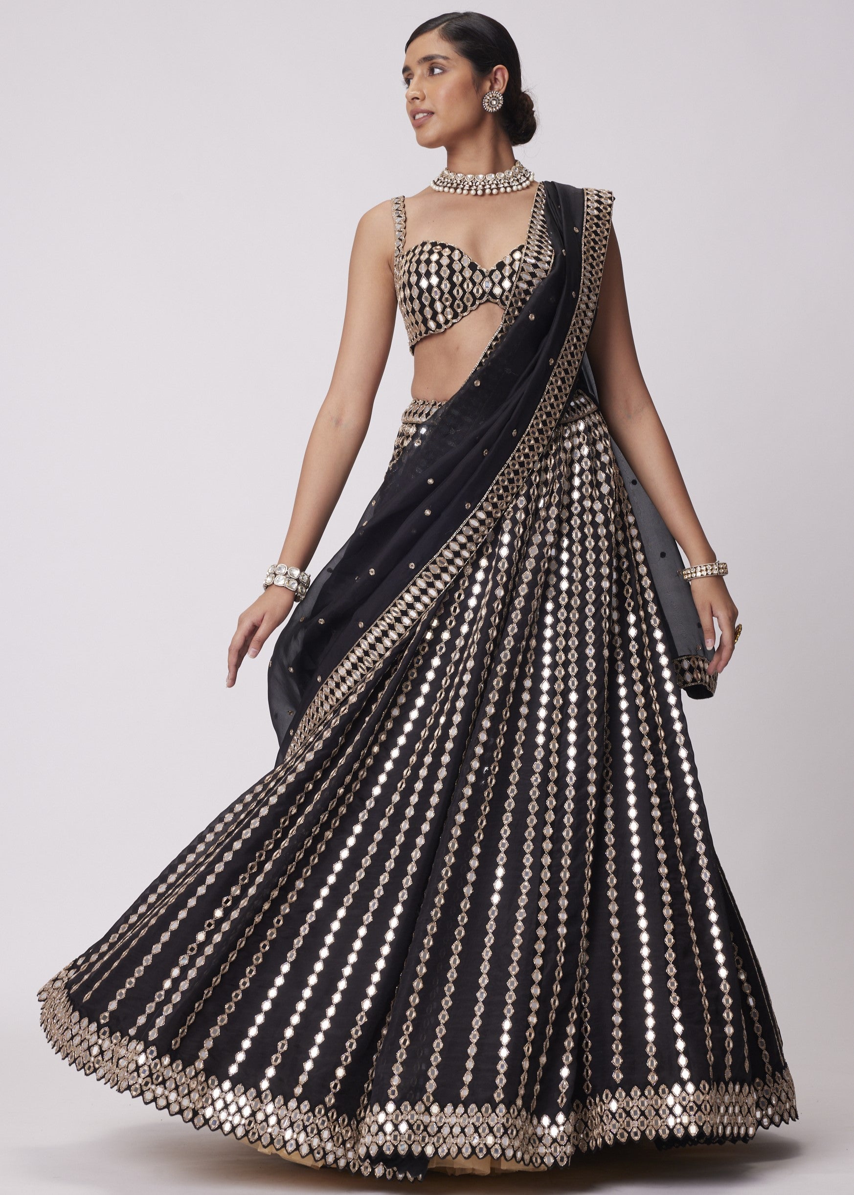 Black Linear Mirror Embroidered Lehenga Set