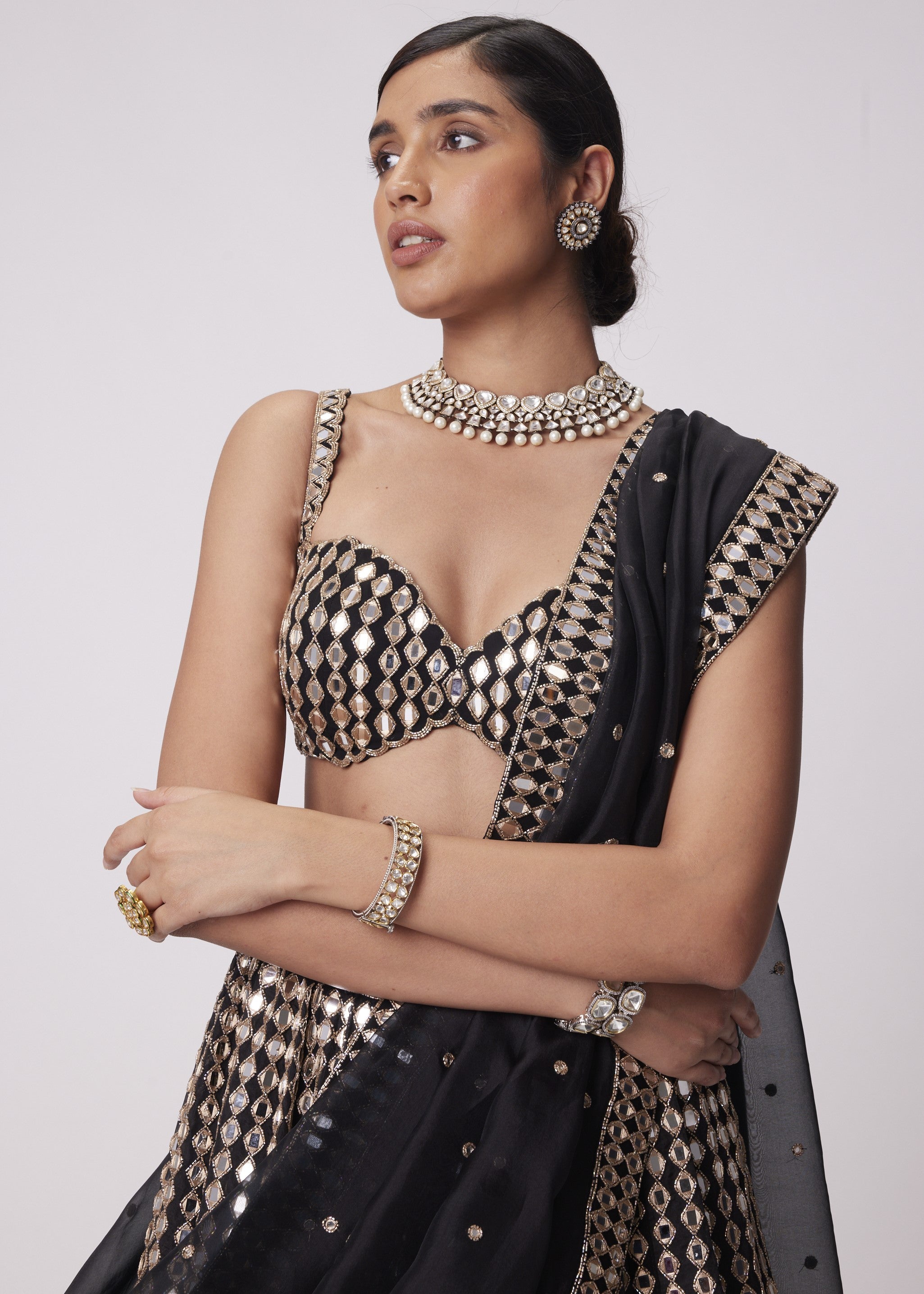 Black Linear Mirror Embroidered Lehenga Set
