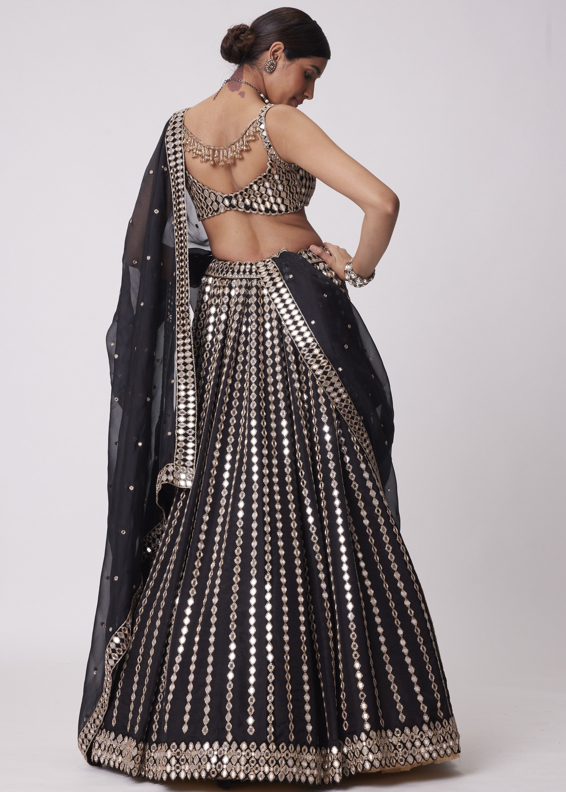 Black Linear Mirror Embroidered Lehenga Set