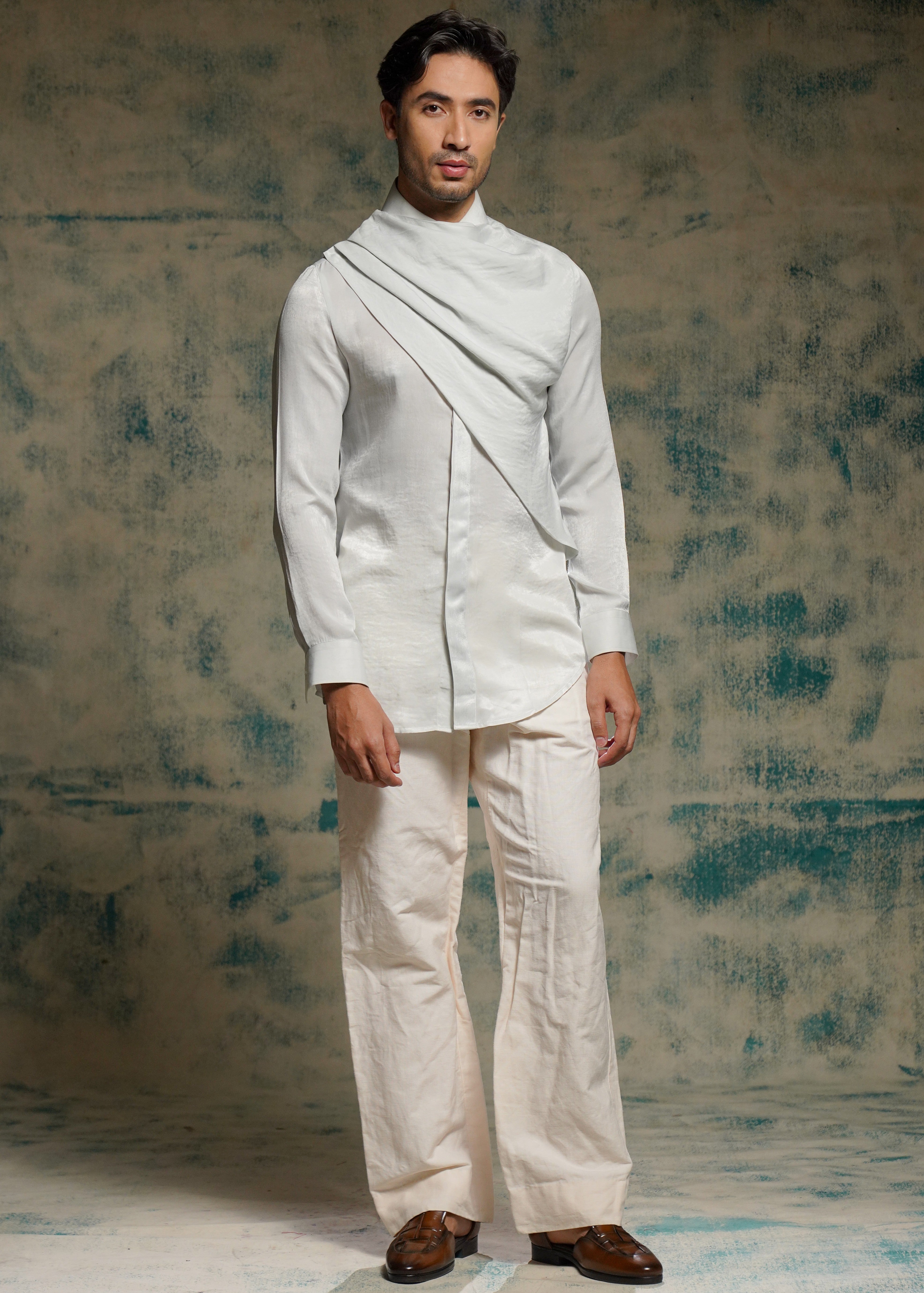 Silver Sandwash Drape Shirt Set