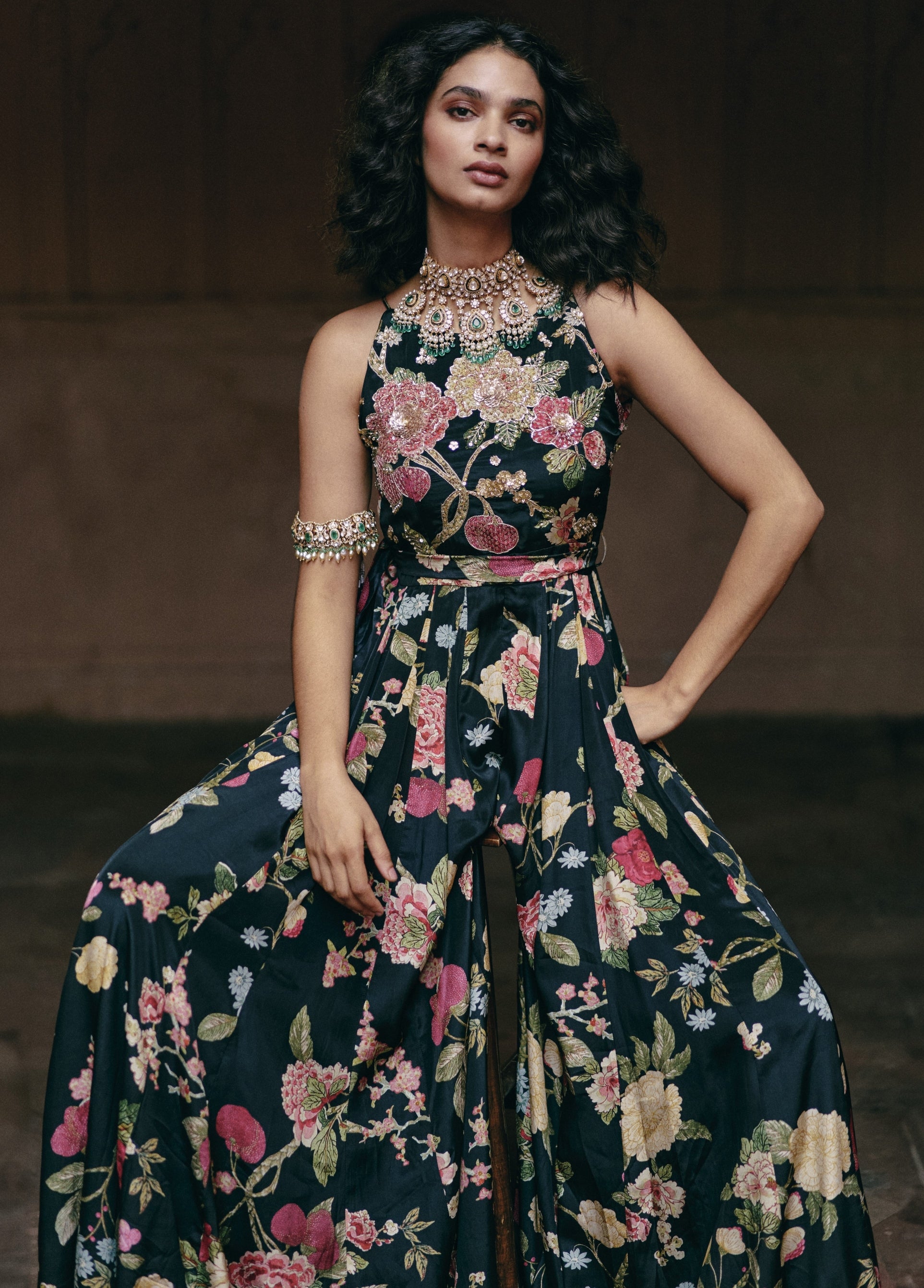 Black Allover Floral Print Jumpsuit