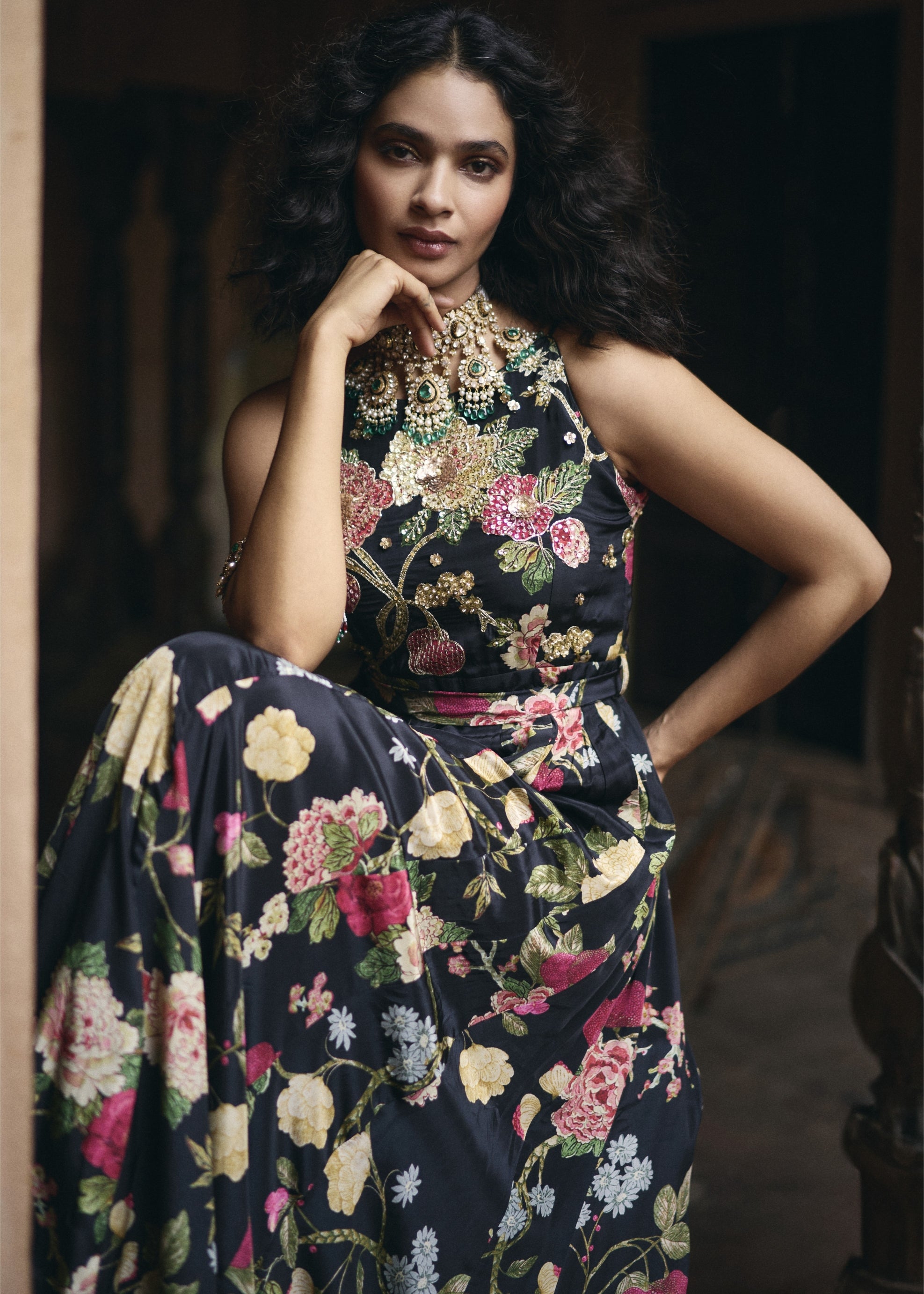 Black Allover Floral Print Jumpsuit