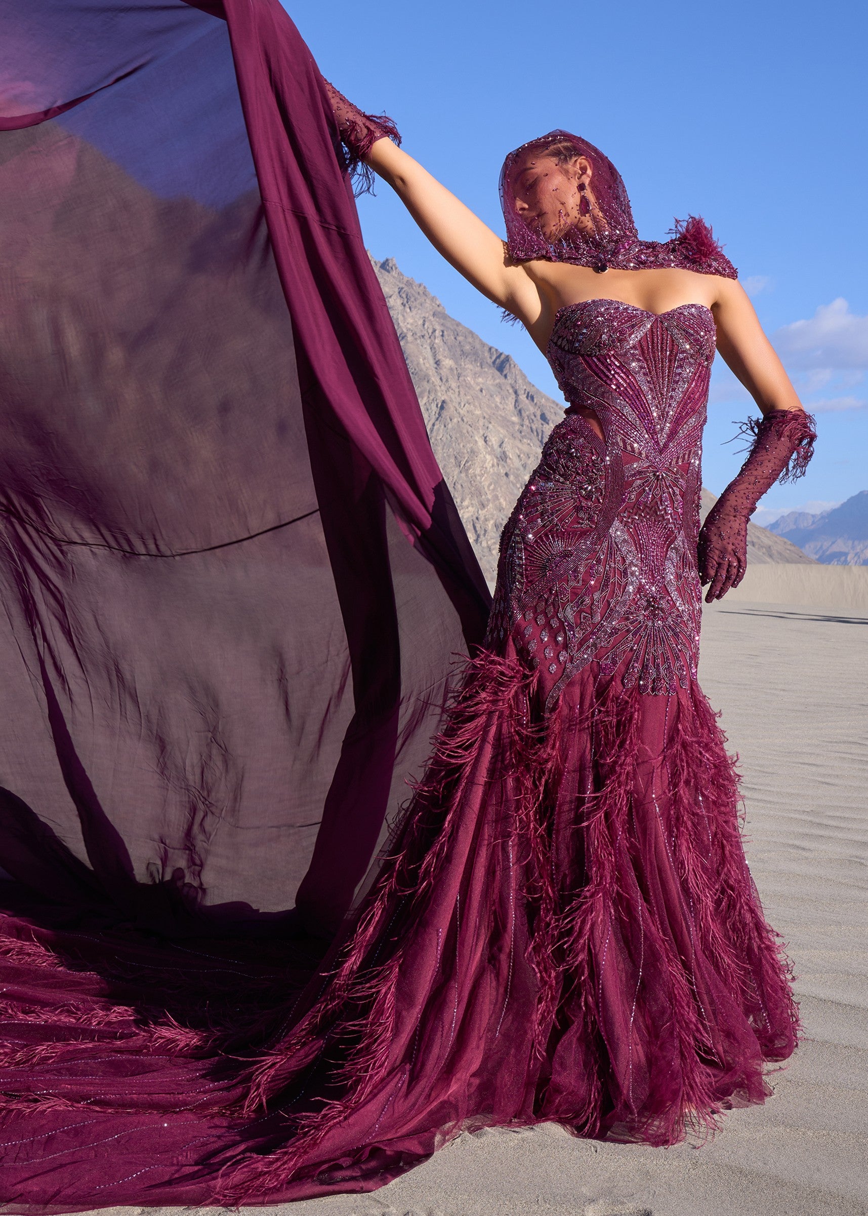 Wine Mermaid Feather Trail Gown