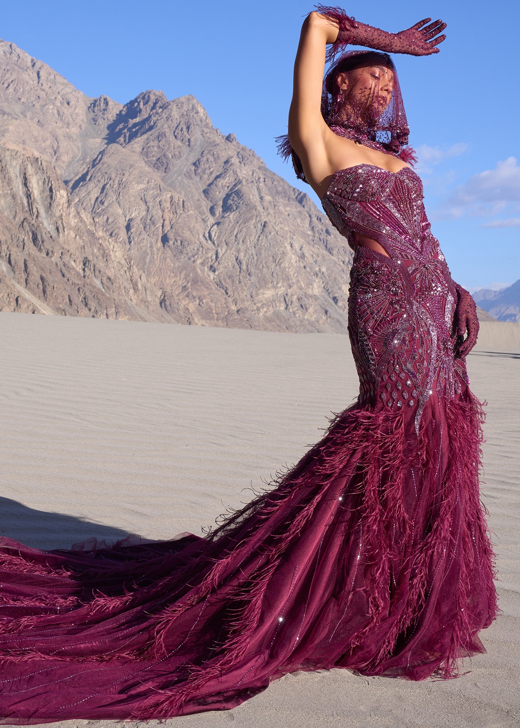 Wine Mermaid Feather Trail Gown