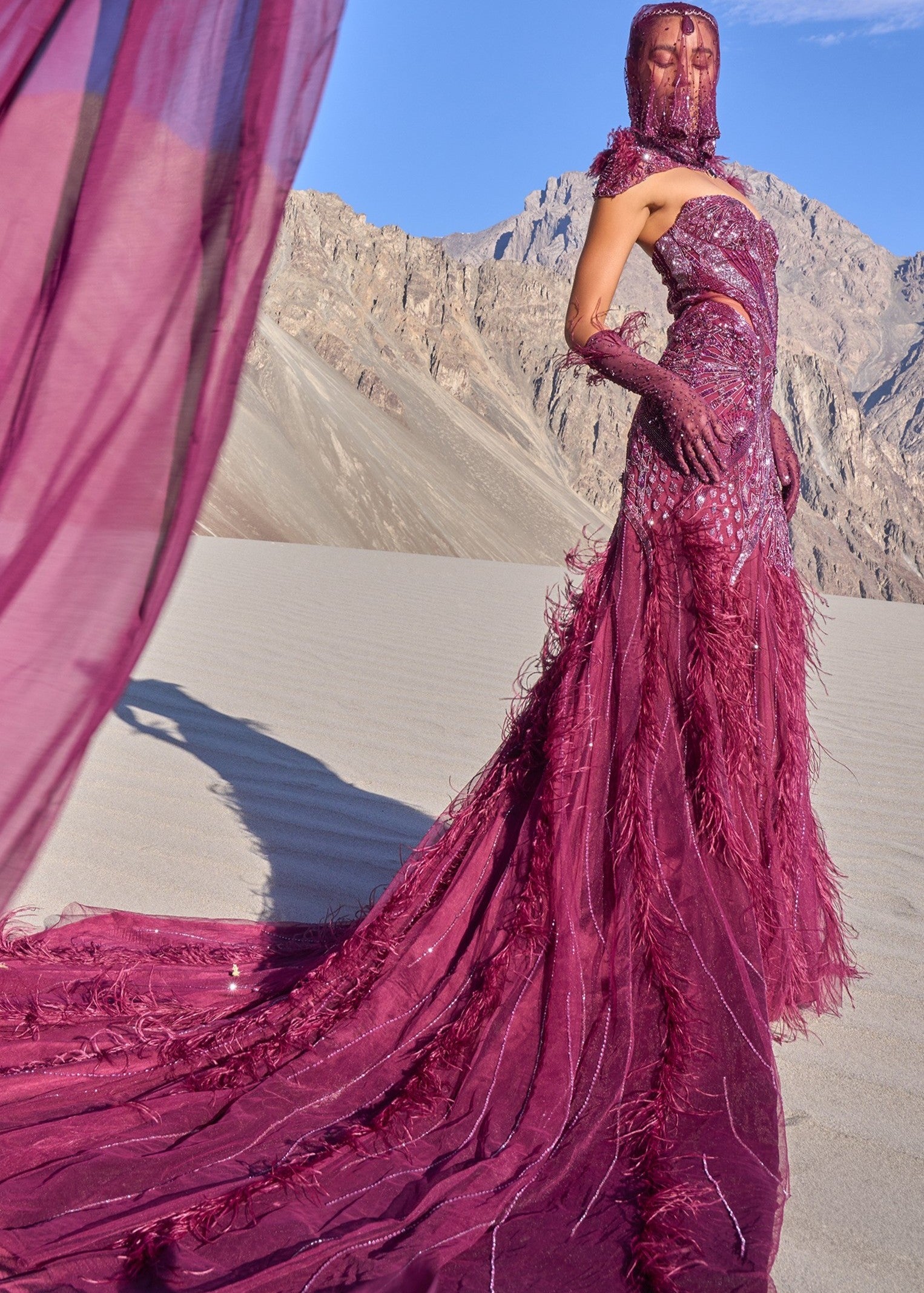 Wine Mermaid Feather Trail Gown