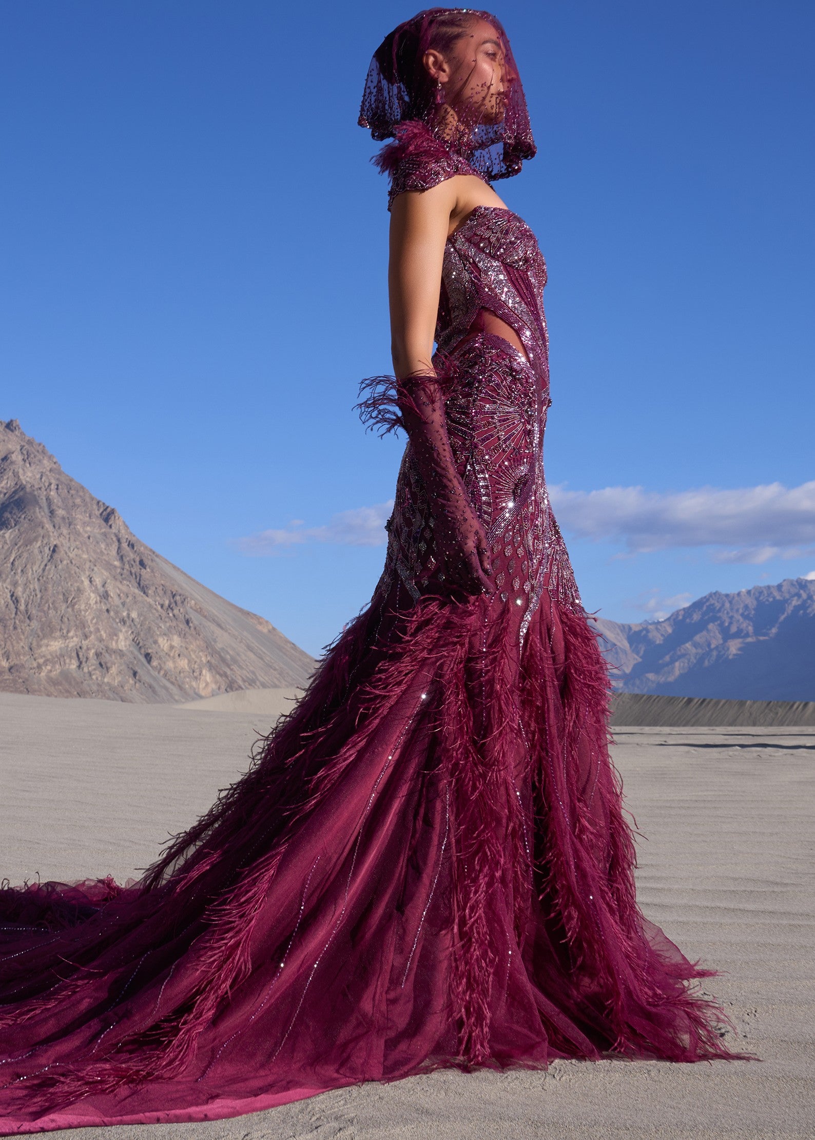 Wine Mermaid Feather Trail Gown