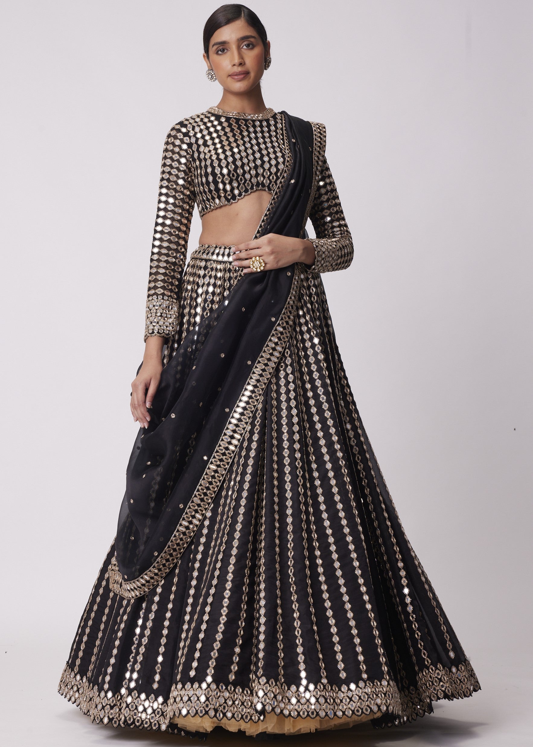 Black Linear Mirror Embroidered Organza Lehenga Set