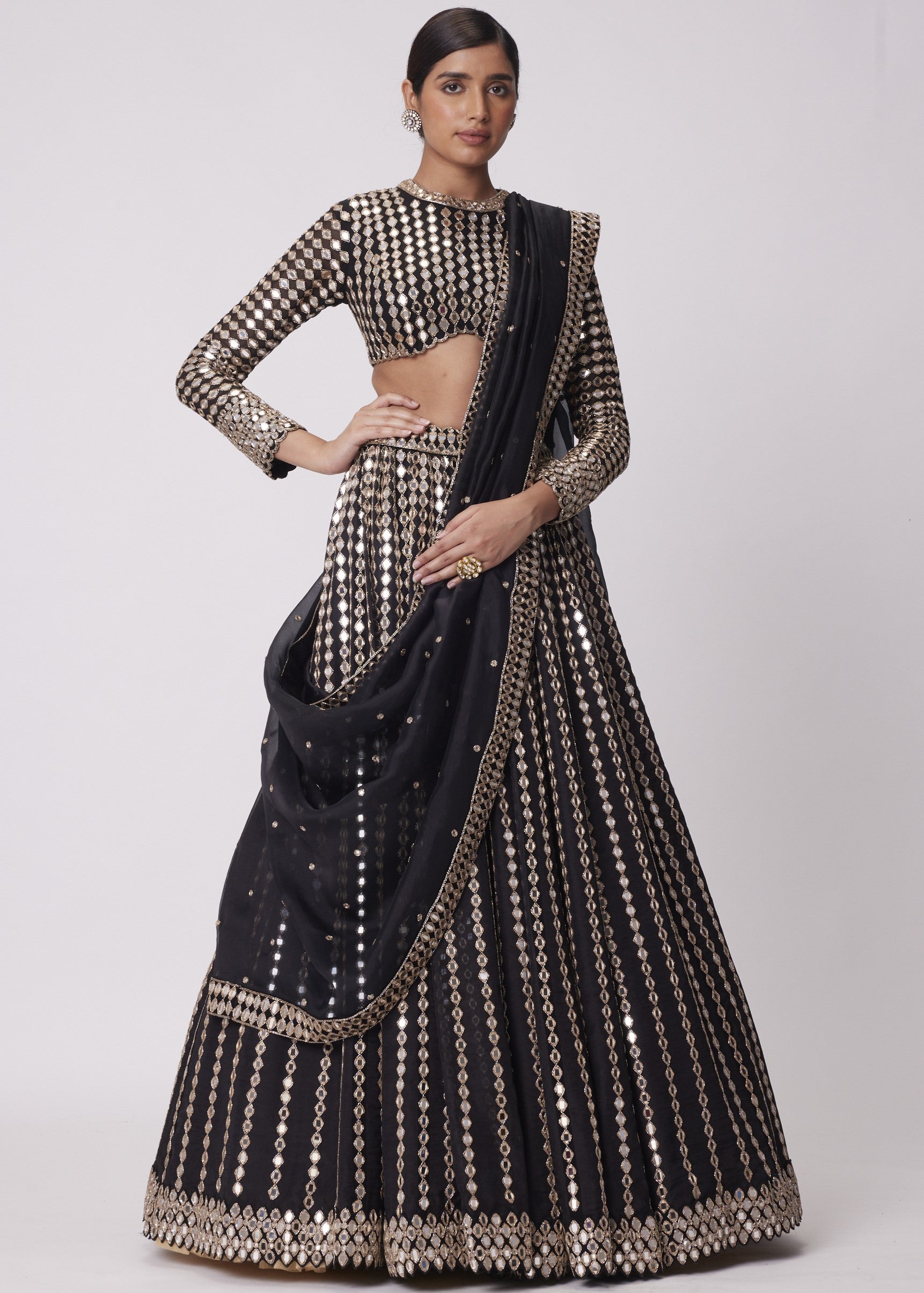 Black Linear Mirror Embroidered Organza Lehenga Set
