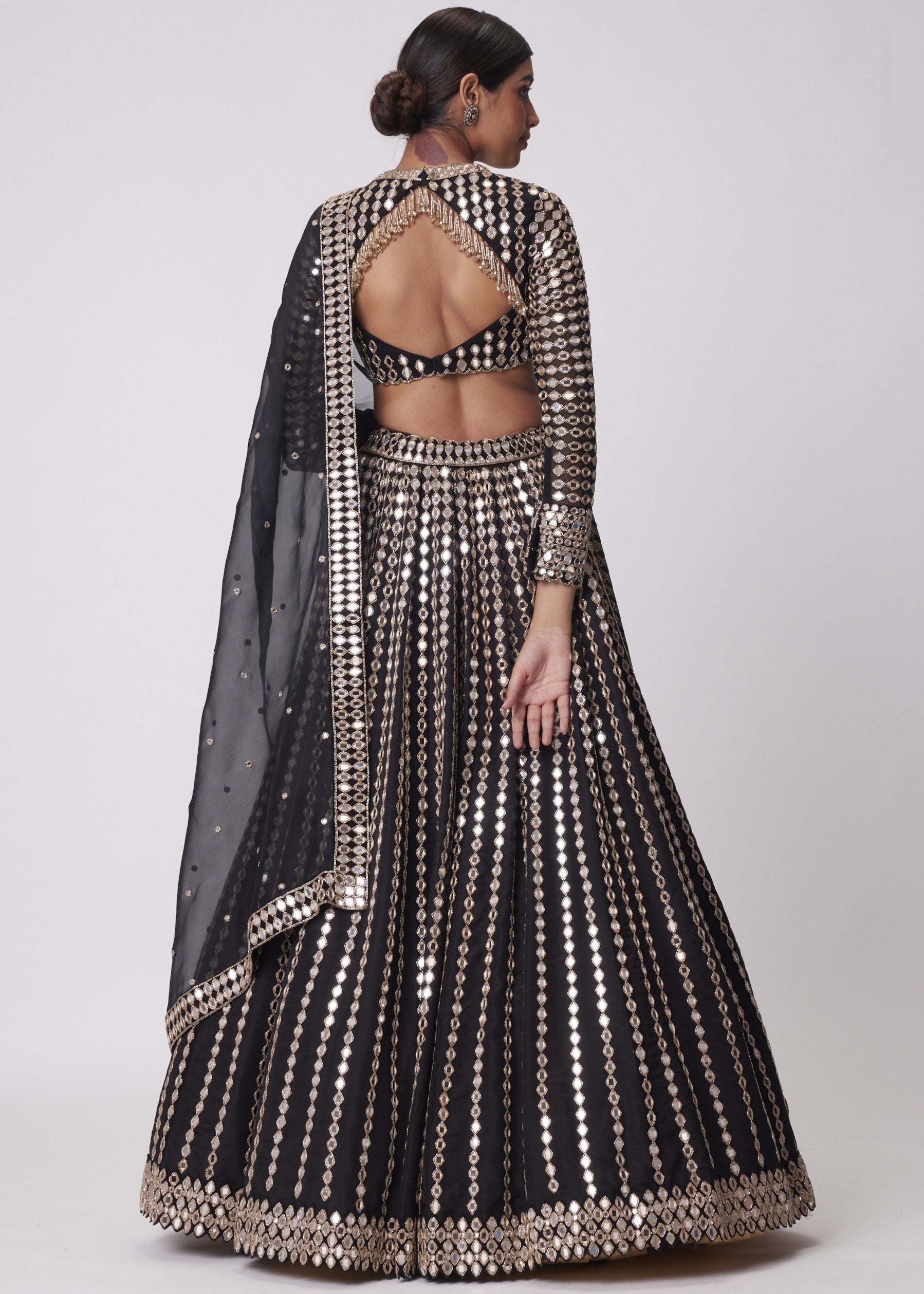 Black Linear Mirror Embroidered Organza Lehenga Set