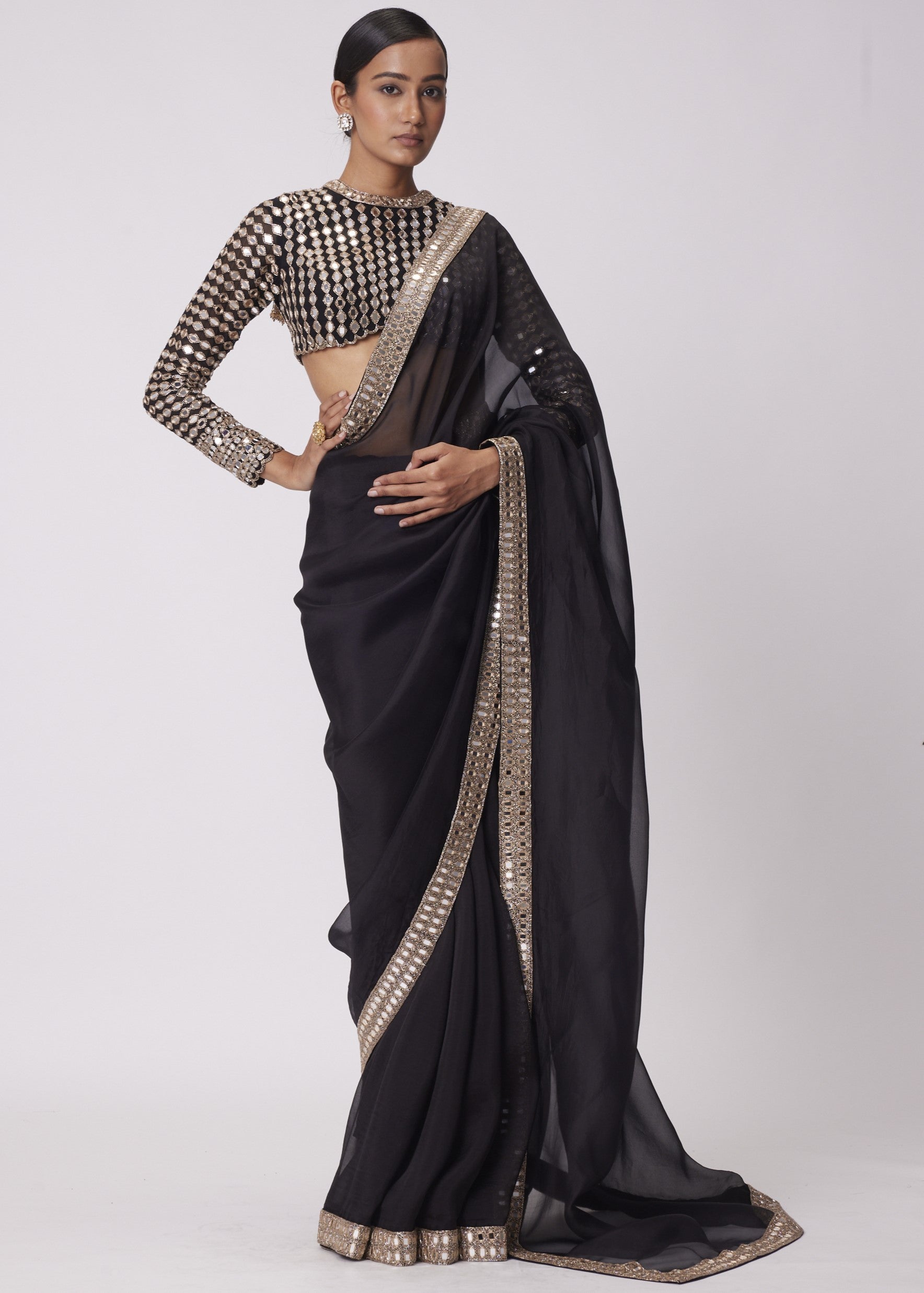 Black Hand Embroidered Organza Sari Set