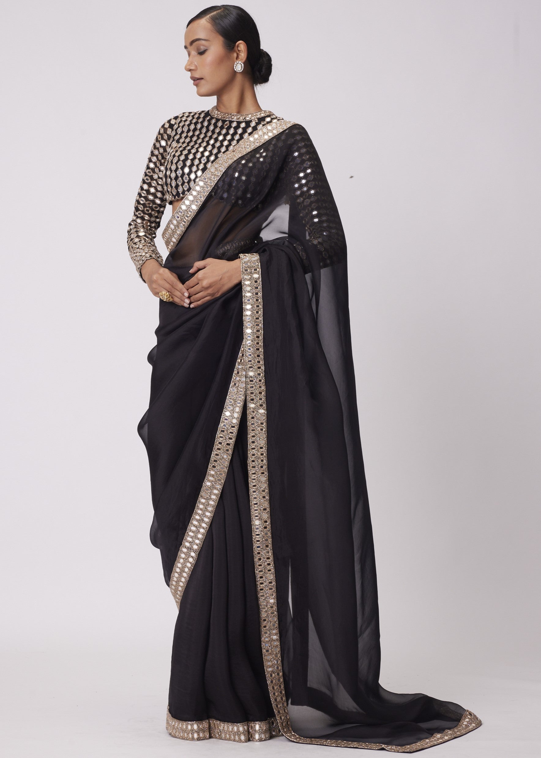 Black Hand Embroidered Organza Sari Set