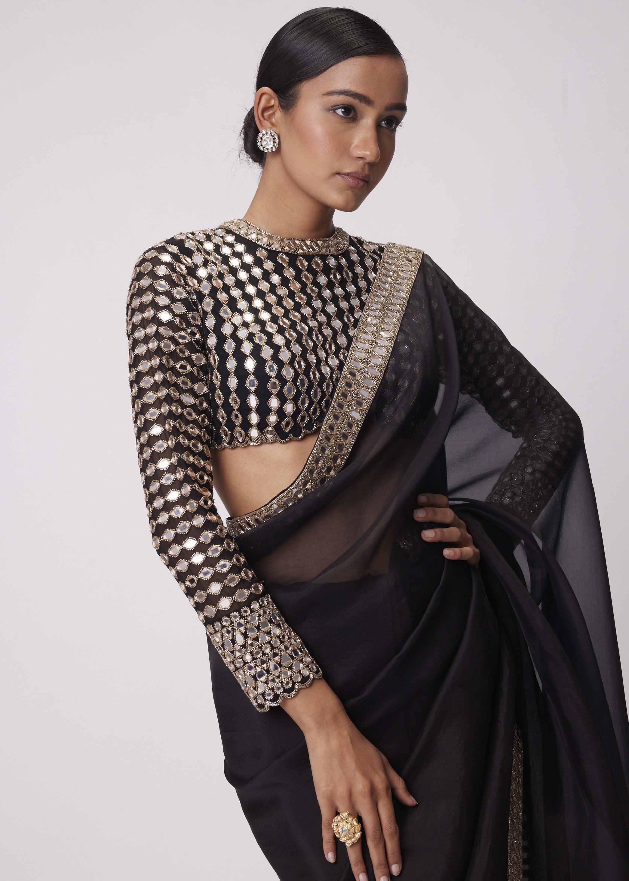 Black Hand Embroidered Organza Sari Set