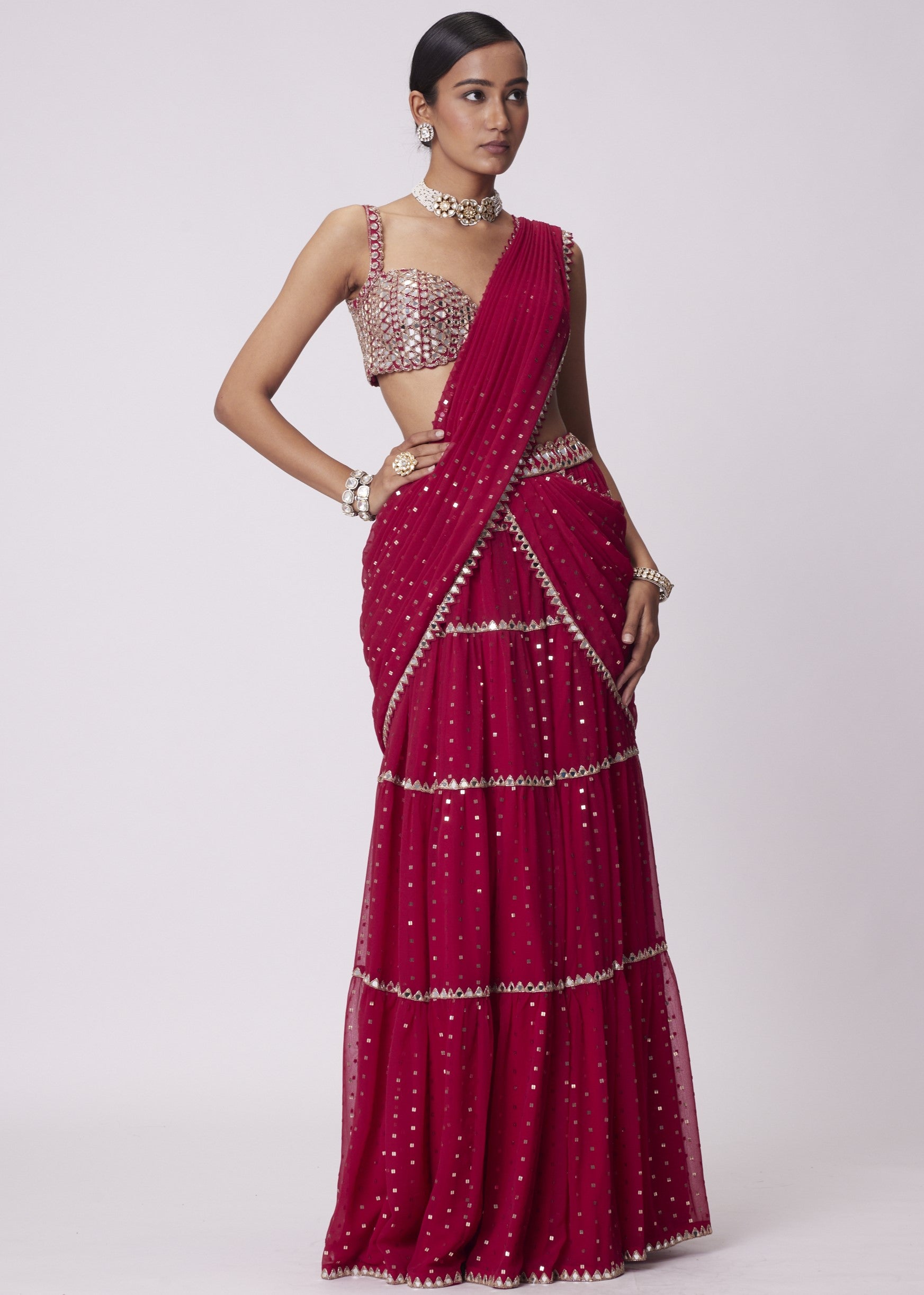 Crimson Red Multi- Tier Sequin Embroidered Sari Set