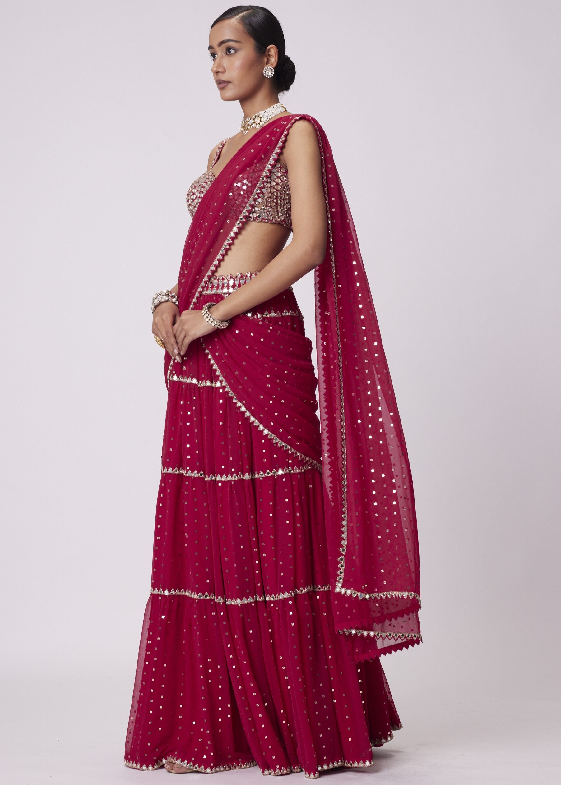 Crimson Red Multi- Tier Sequin Embroidered Sari Set
