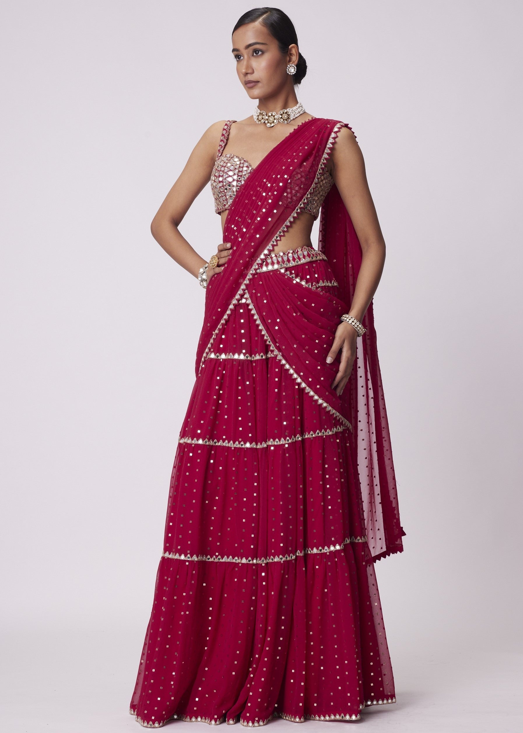 Crimson Red Multi- Tier Sequin Embroidered Sari Set