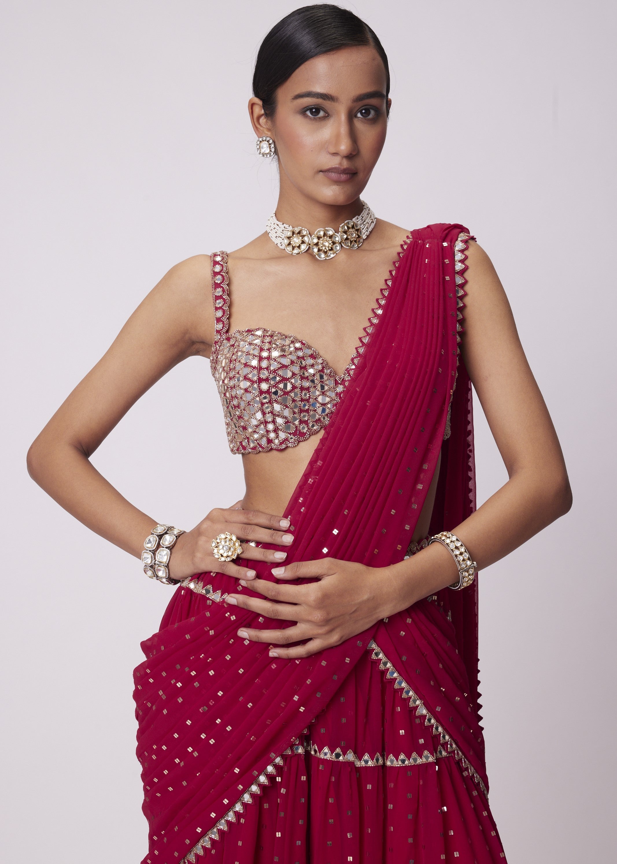 Crimson Red Multi- Tier Sequin Embroidered Sari Set