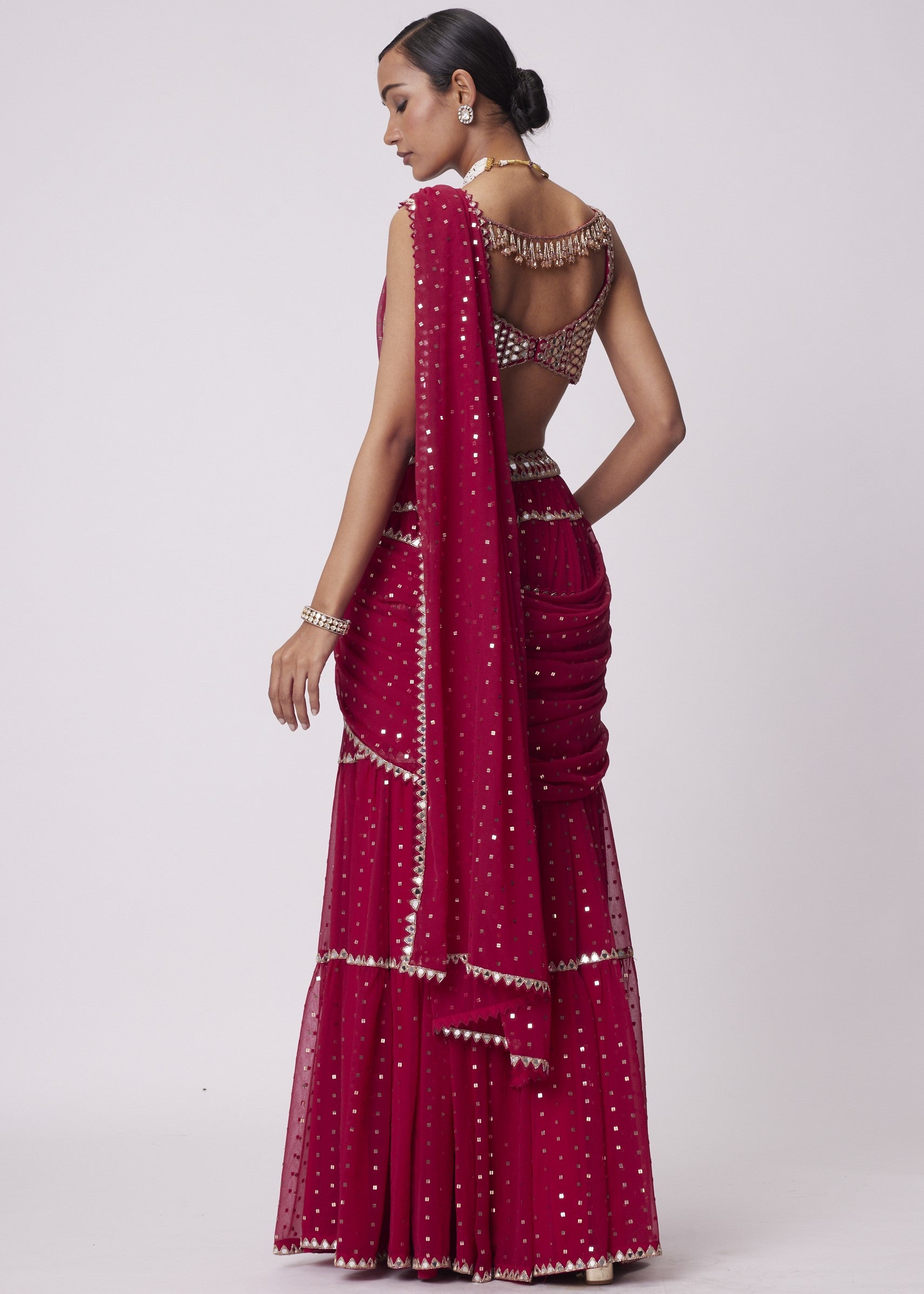 Crimson Red Multi- Tier Sequin Embroidered Sari Set