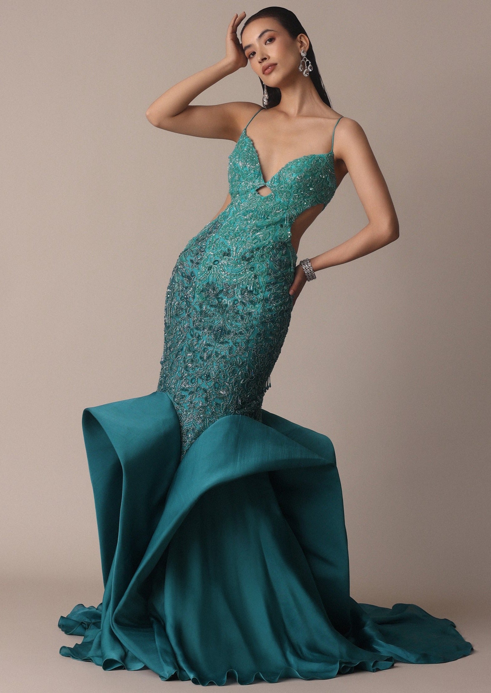 Green Blue Ombre Zardosi Fish Cut Draped Gown Green Blue Ombre Zardosi Fish Cut Draped Gown