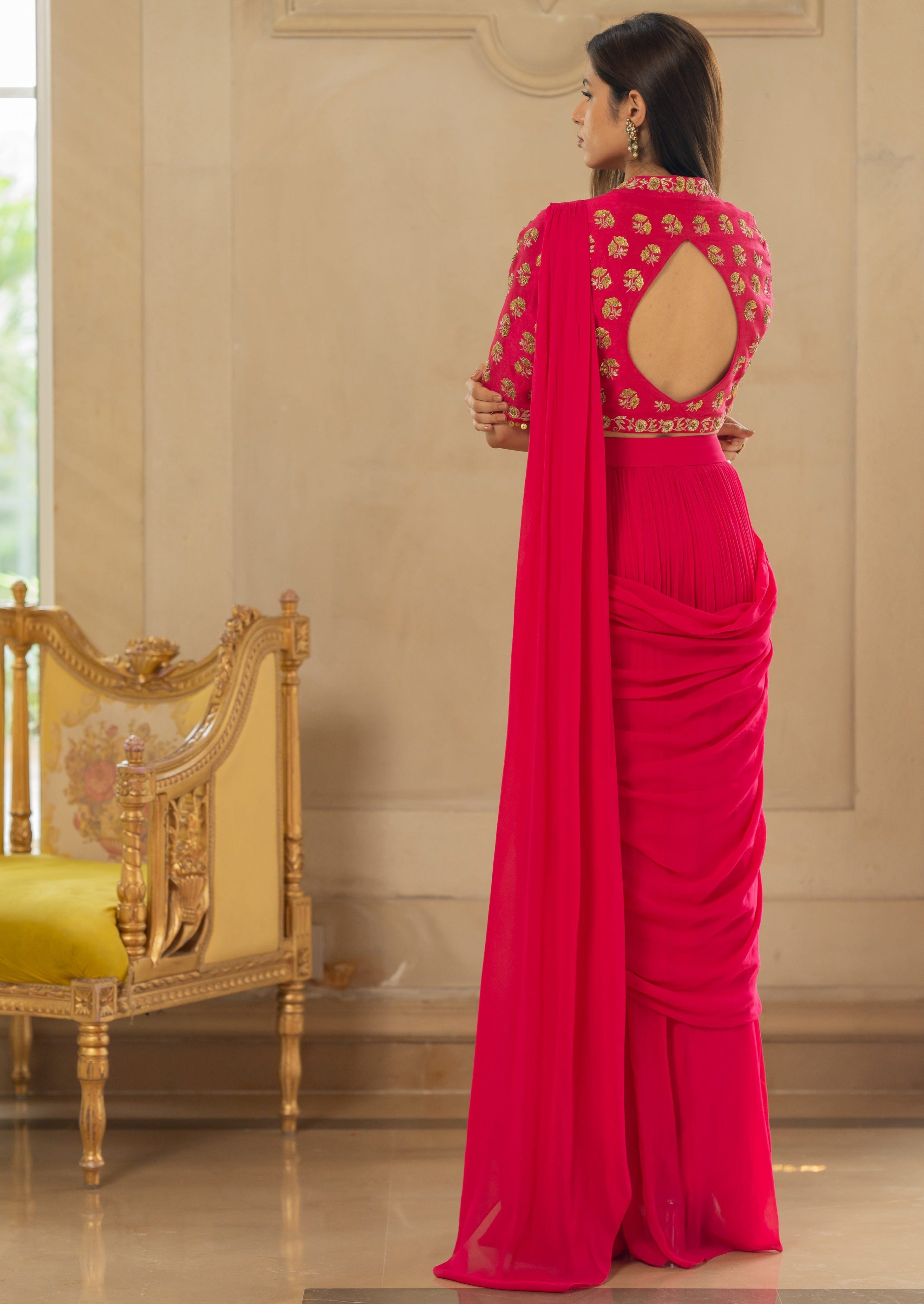 Rani Pink Antique Embroidered Sari Set