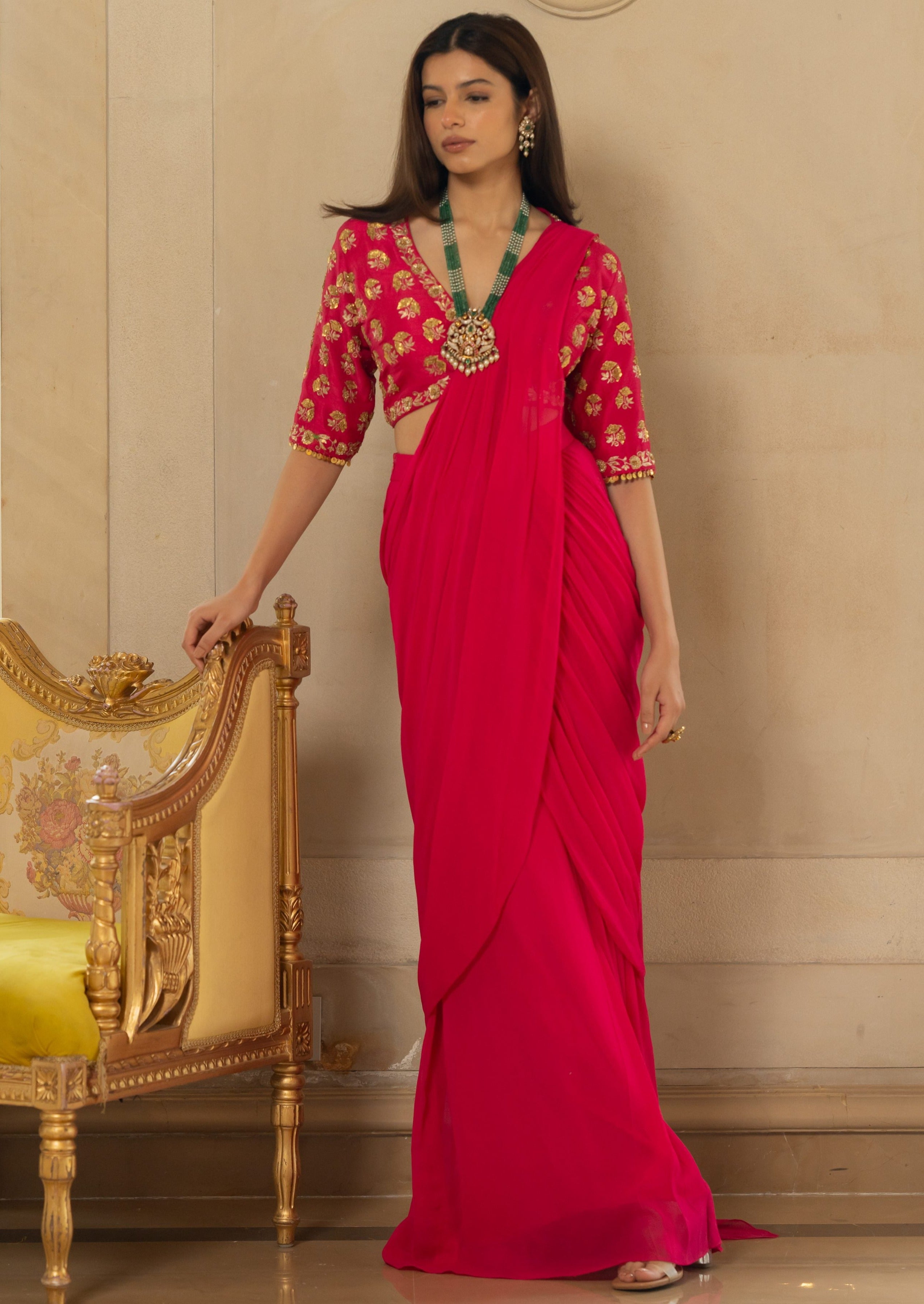 Rani Pink Antique Embroidered Sari Set