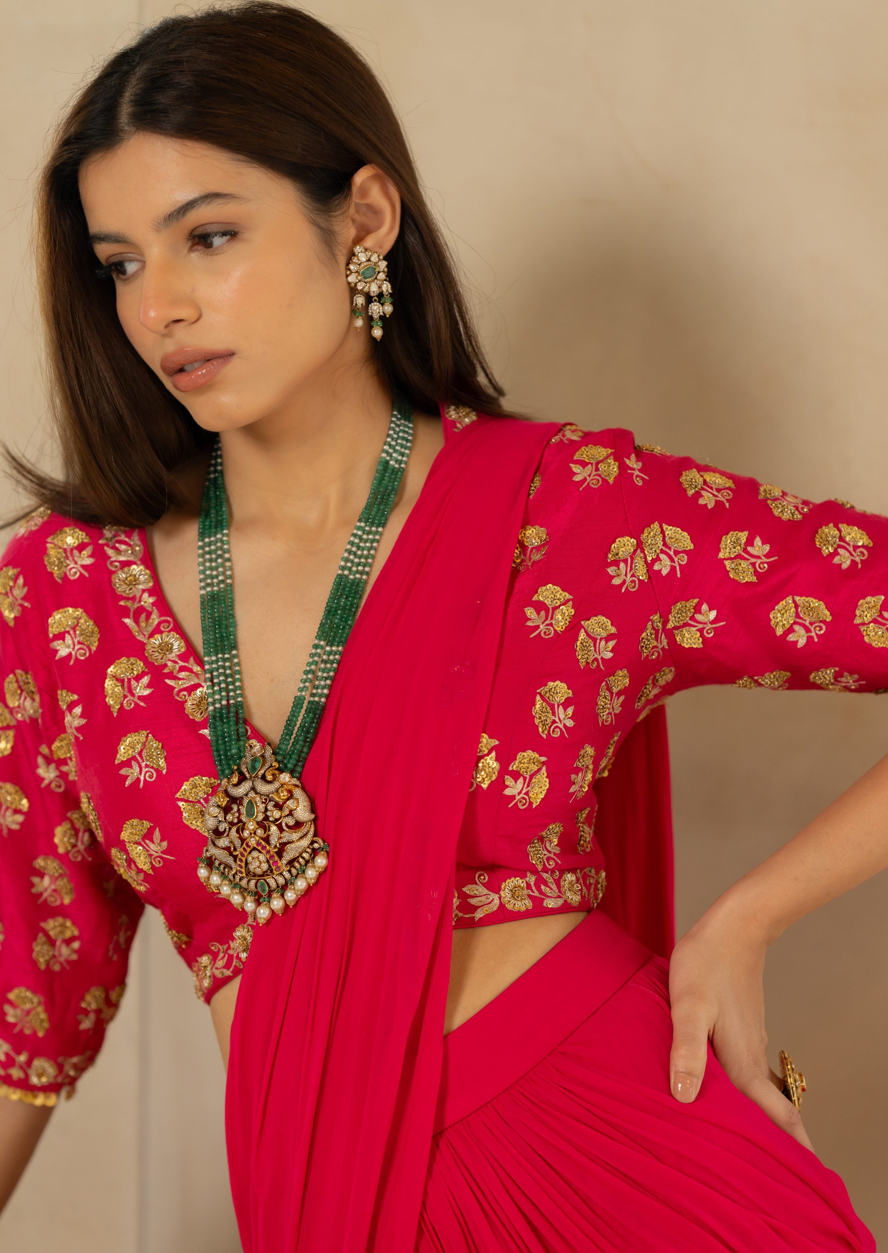 Rani Pink Antique Embroidered Sari Set