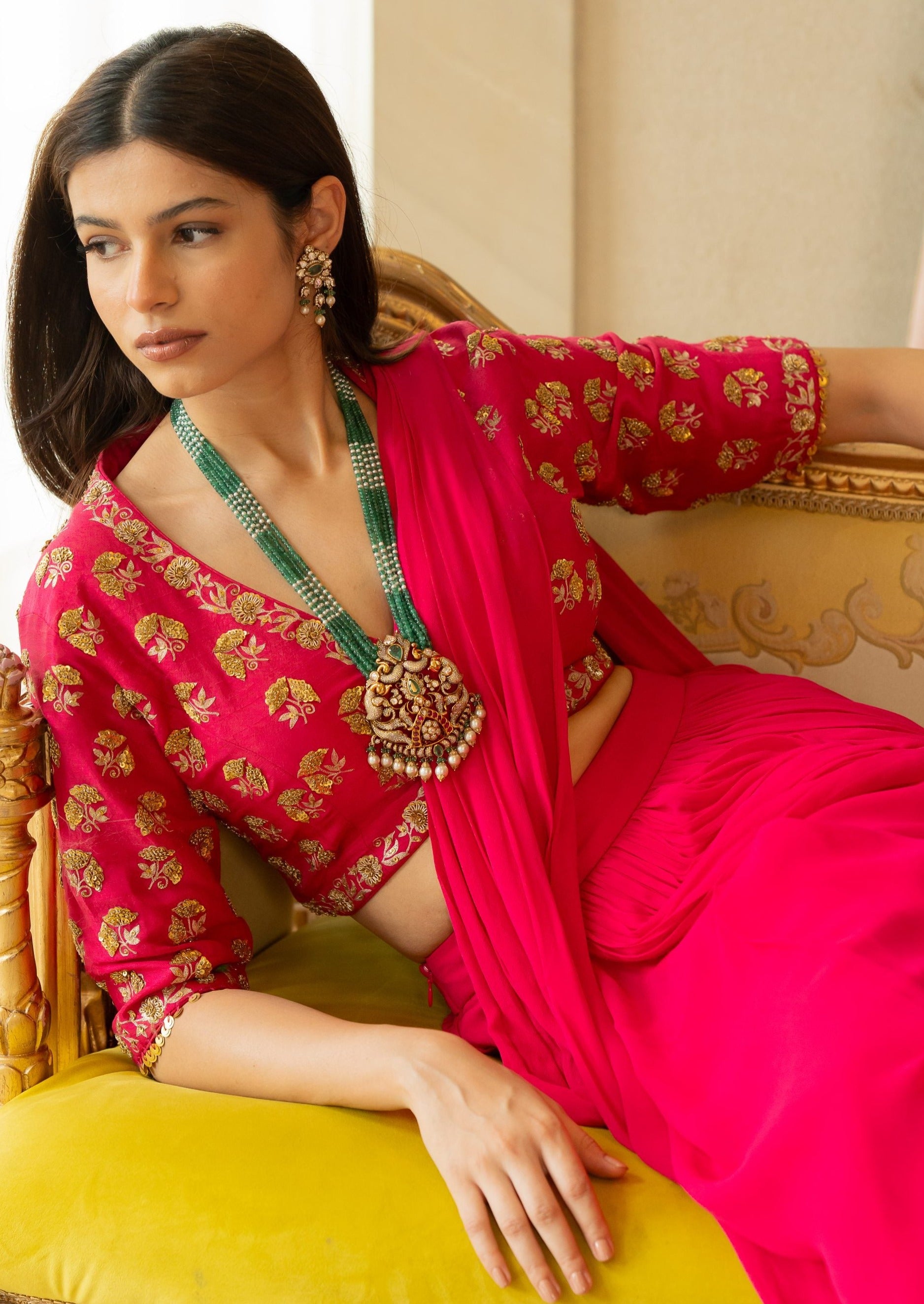 Rani Pink Antique Embroidered Sari Set