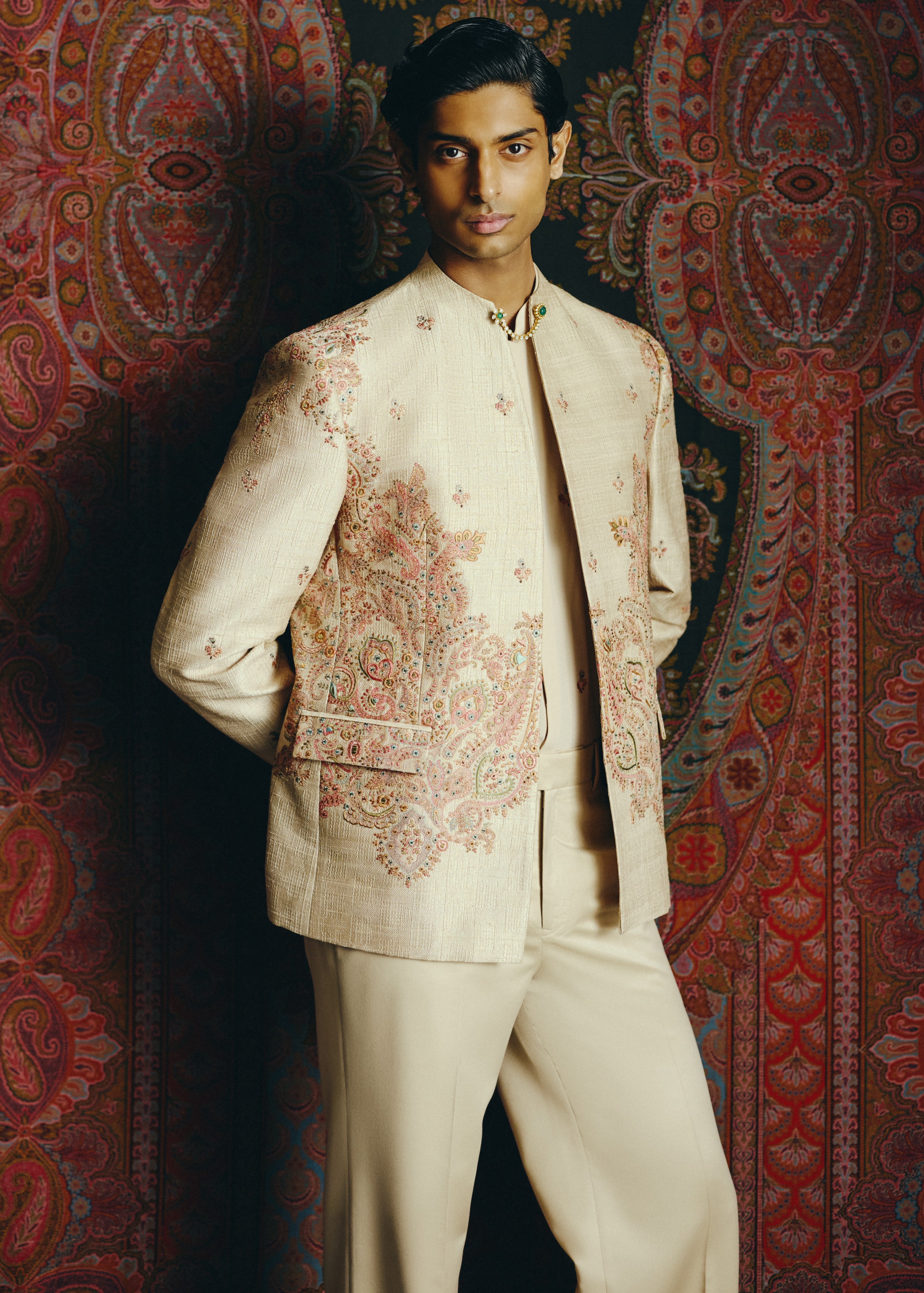 Nocturne Kashida Open Jacket With Shirt & Pant Set