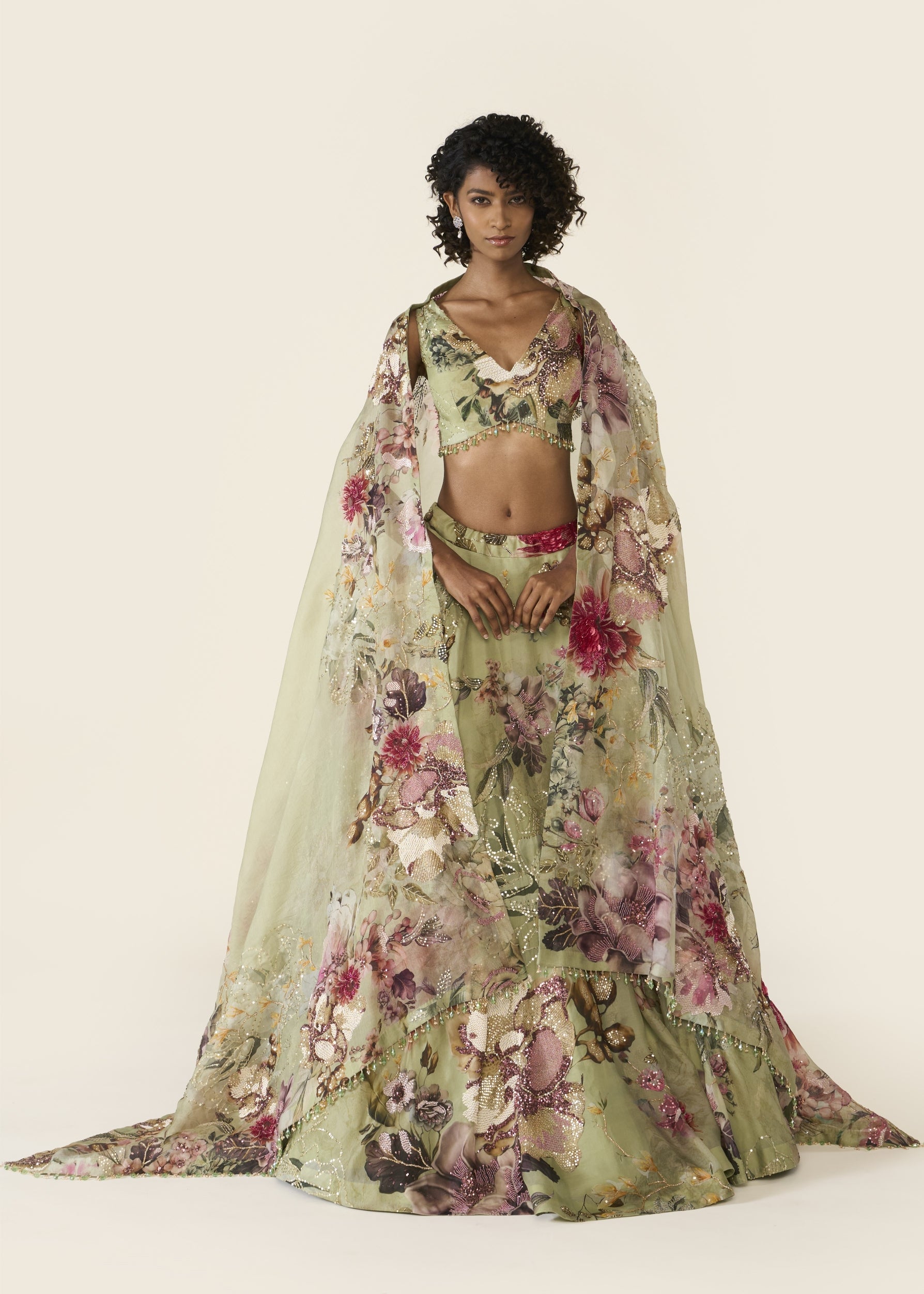 Green Printed Lehenga Set