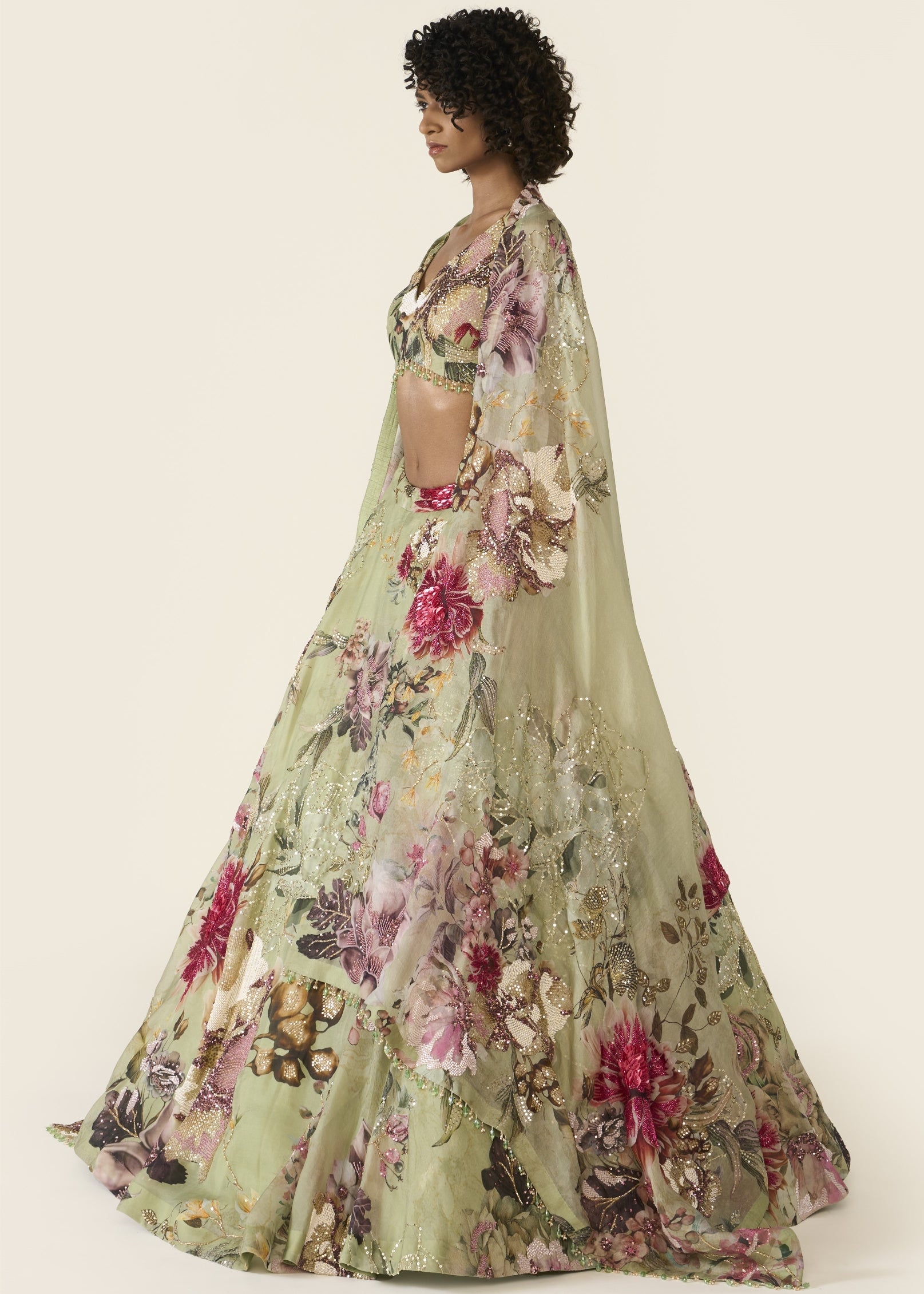 Green Printed Lehenga Set