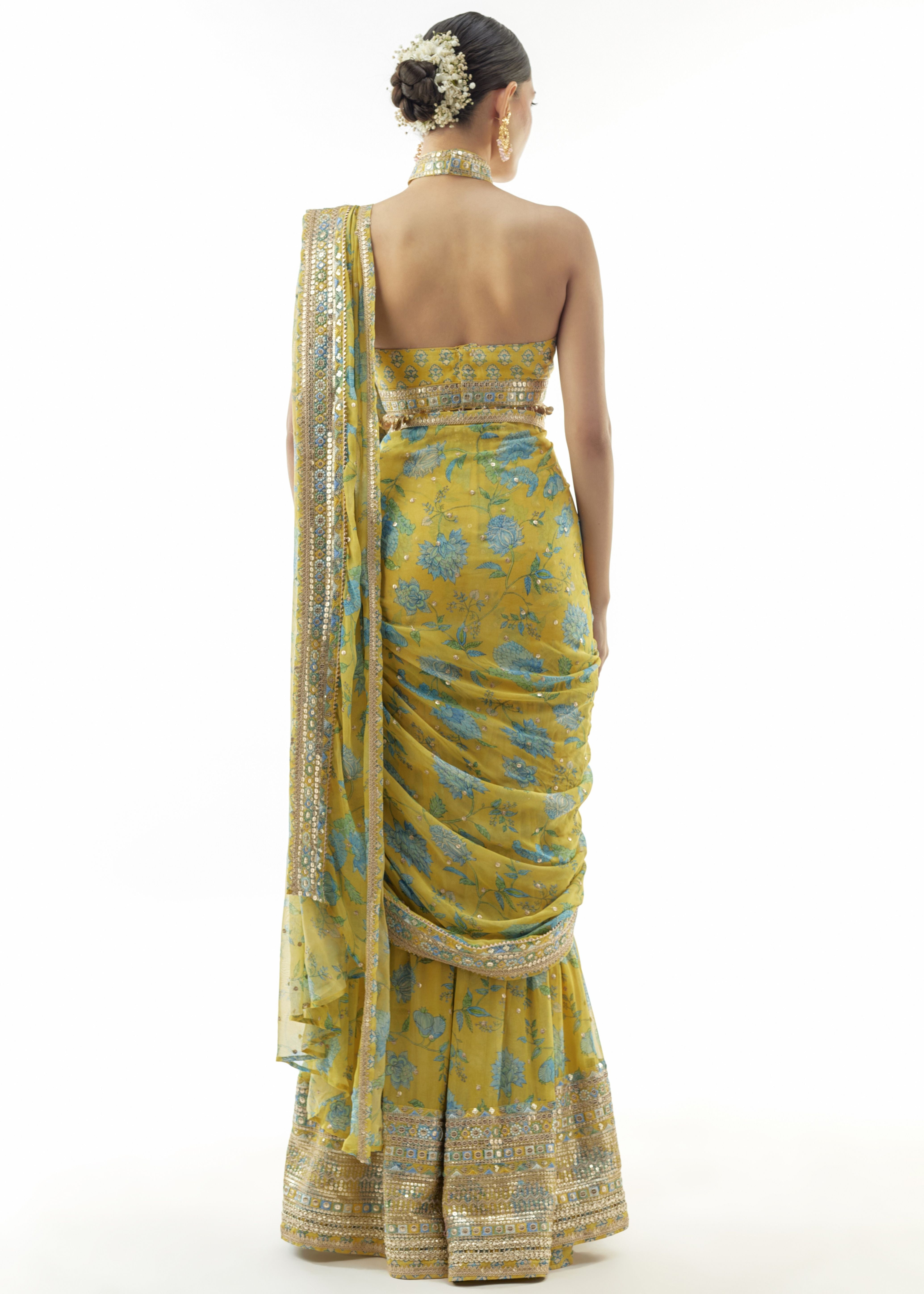 Yellow Pakhi Sharara Sari Set