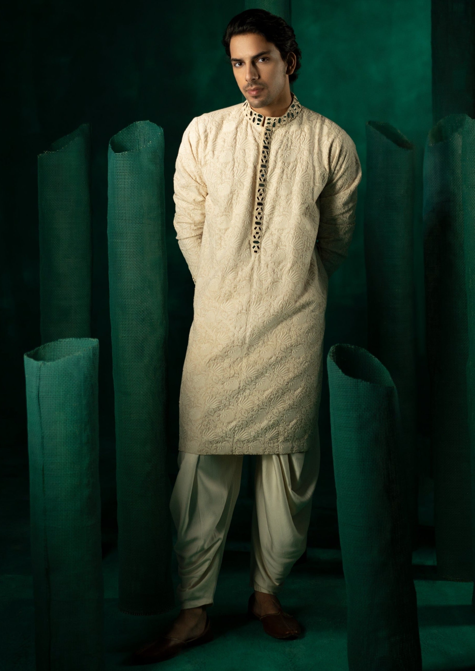Beige Jaaliwork Chikankari Mirror Embellished Kurta Set