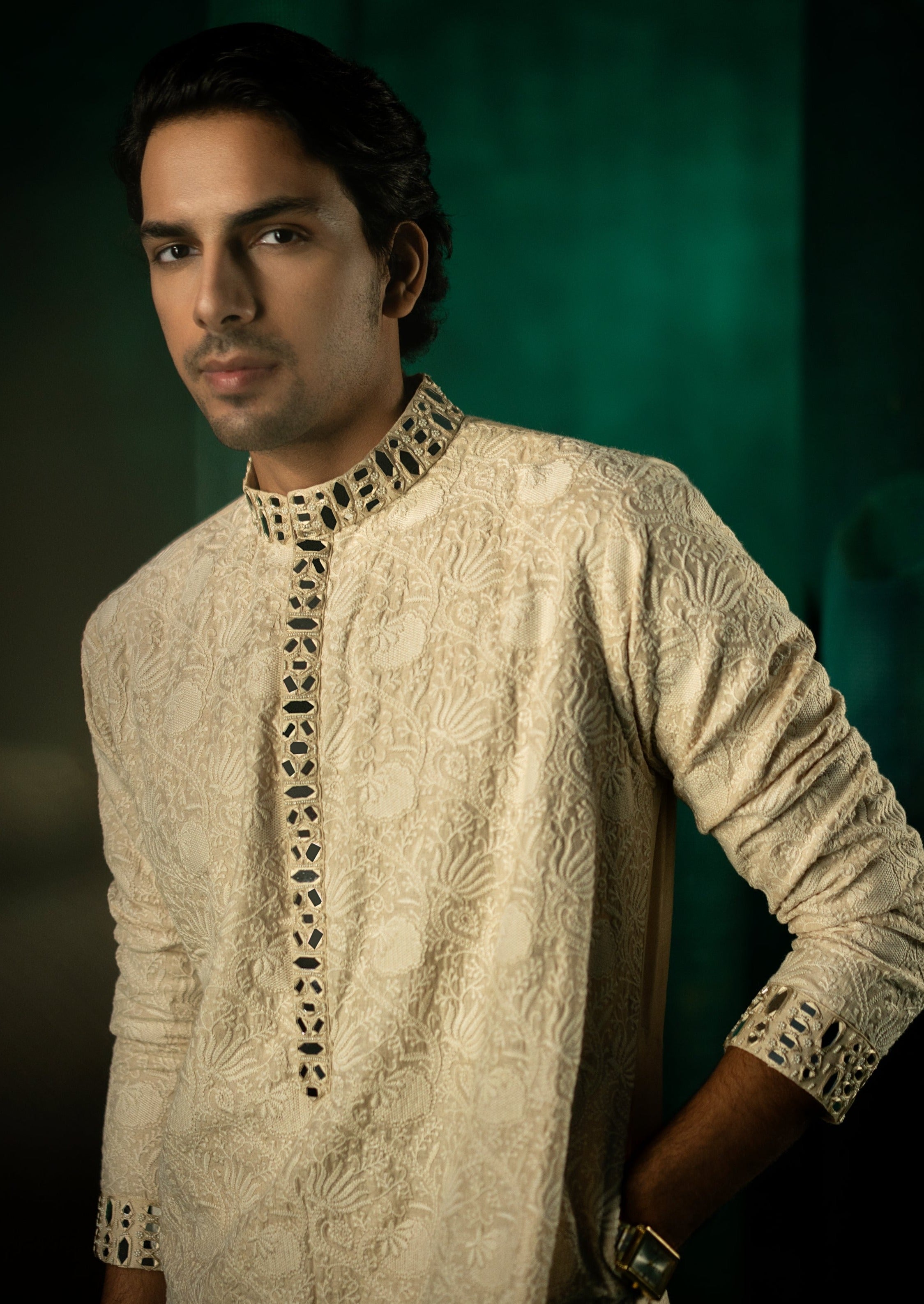 Beige Jaaliwork Chikankari Mirror Embellished Kurta Set