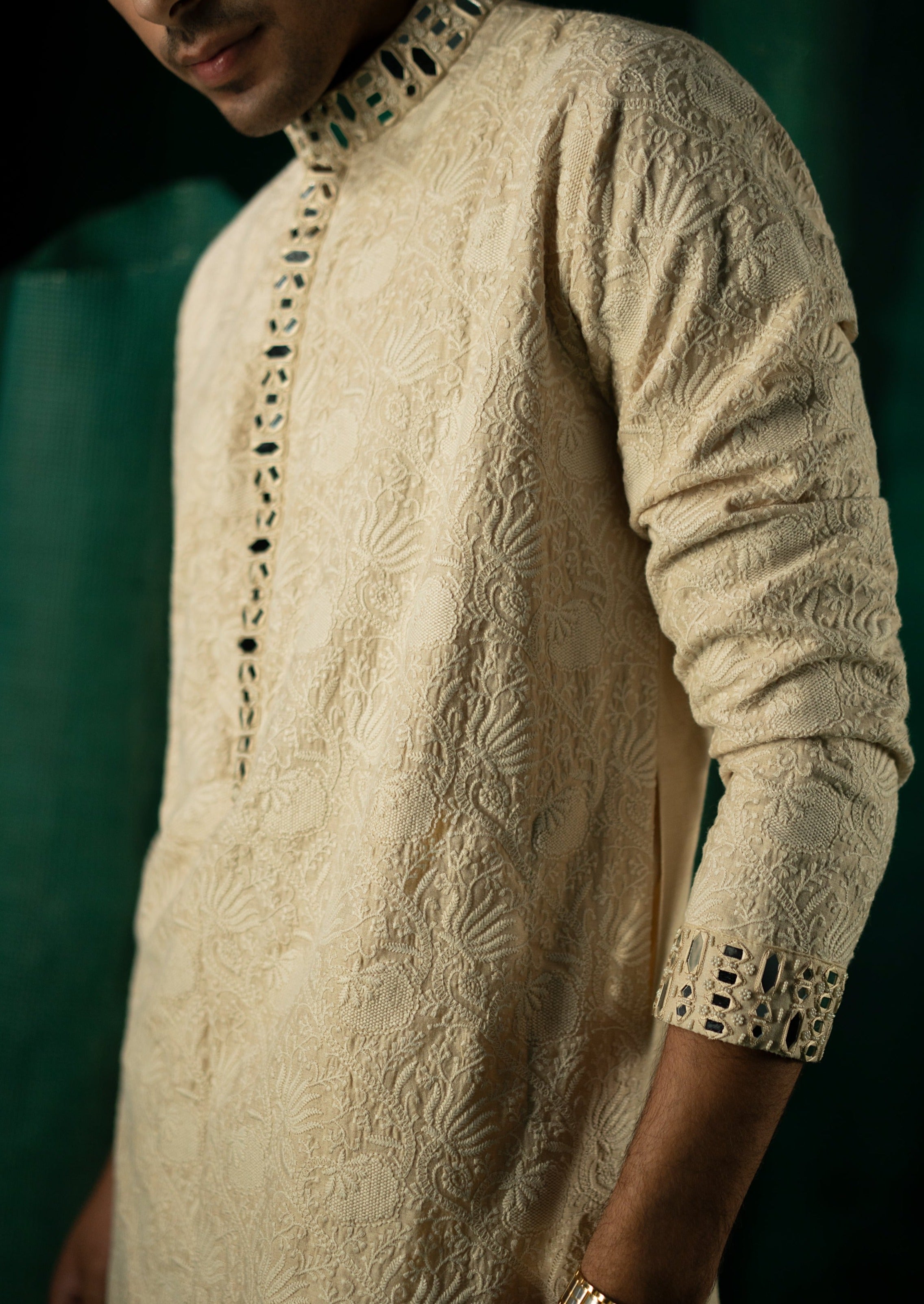 Beige Jaaliwork Chikankari Mirror Embellished Kurta Set