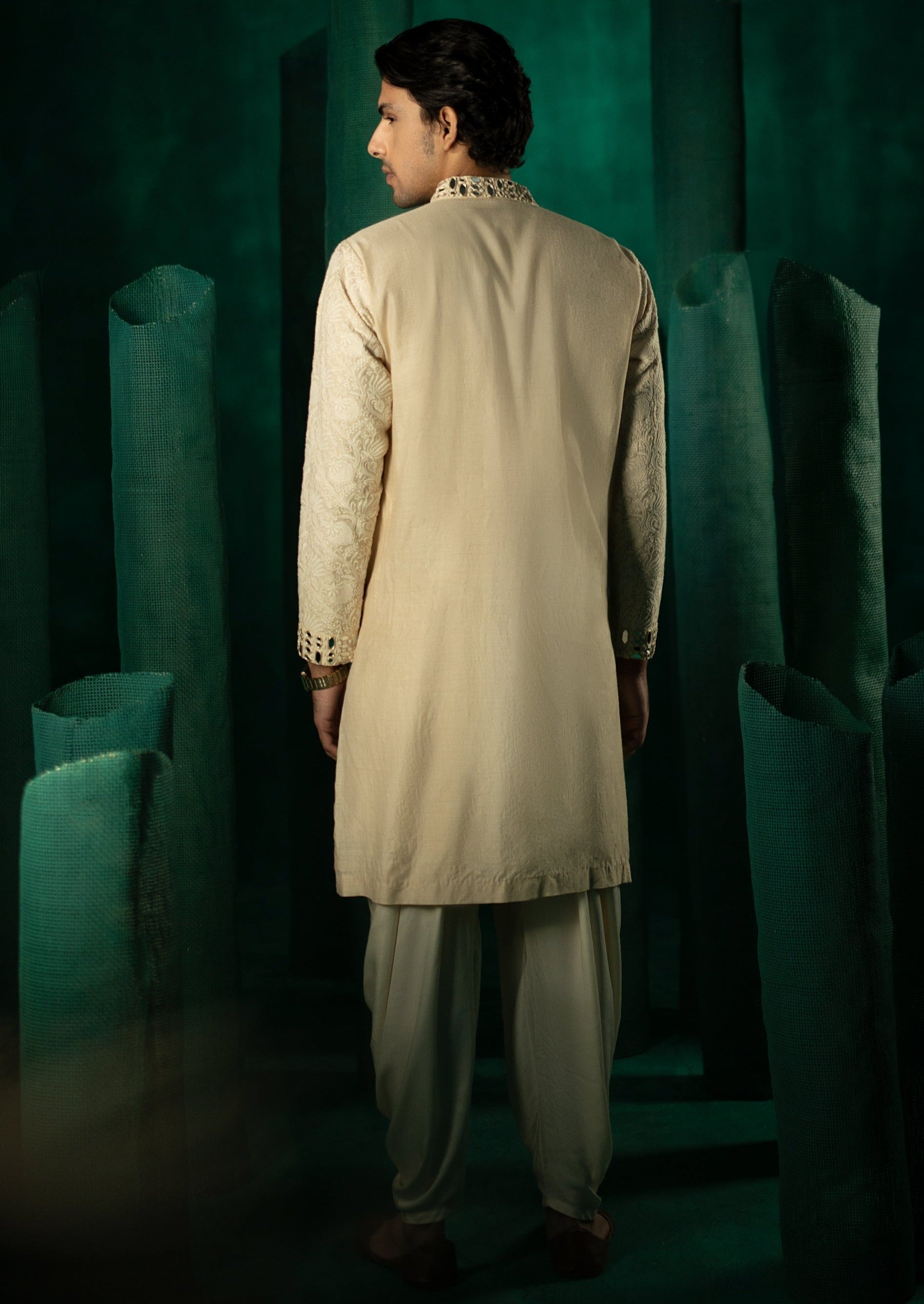 Beige Jaaliwork Chikankari Mirror Embellished Kurta Set