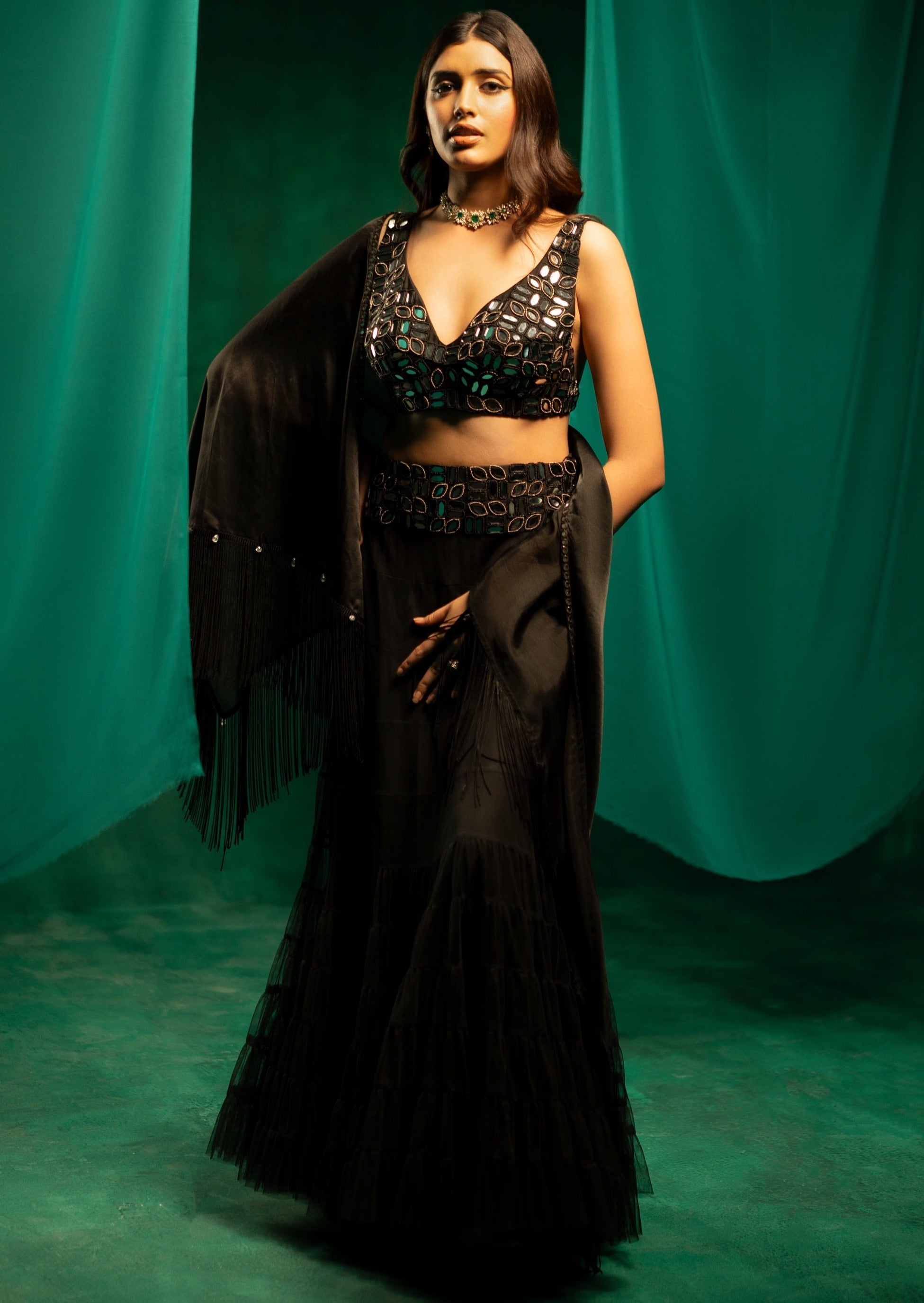 Black Mirrorwork Layered Lehenga Skirt Set