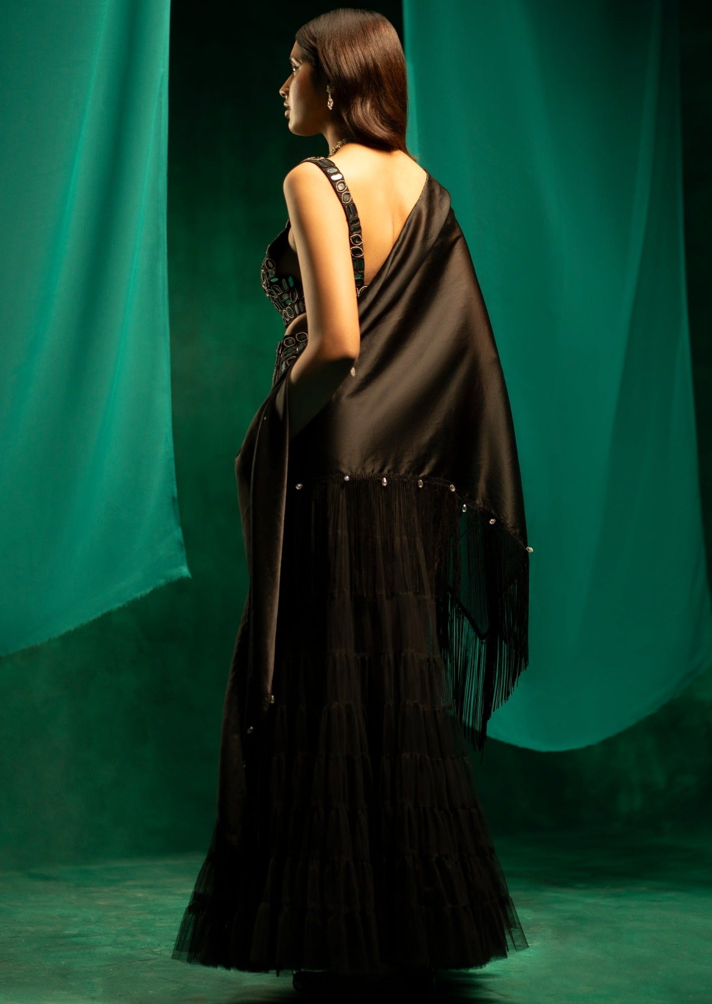 Black Mirrorwork Layered Lehenga Skirt Set