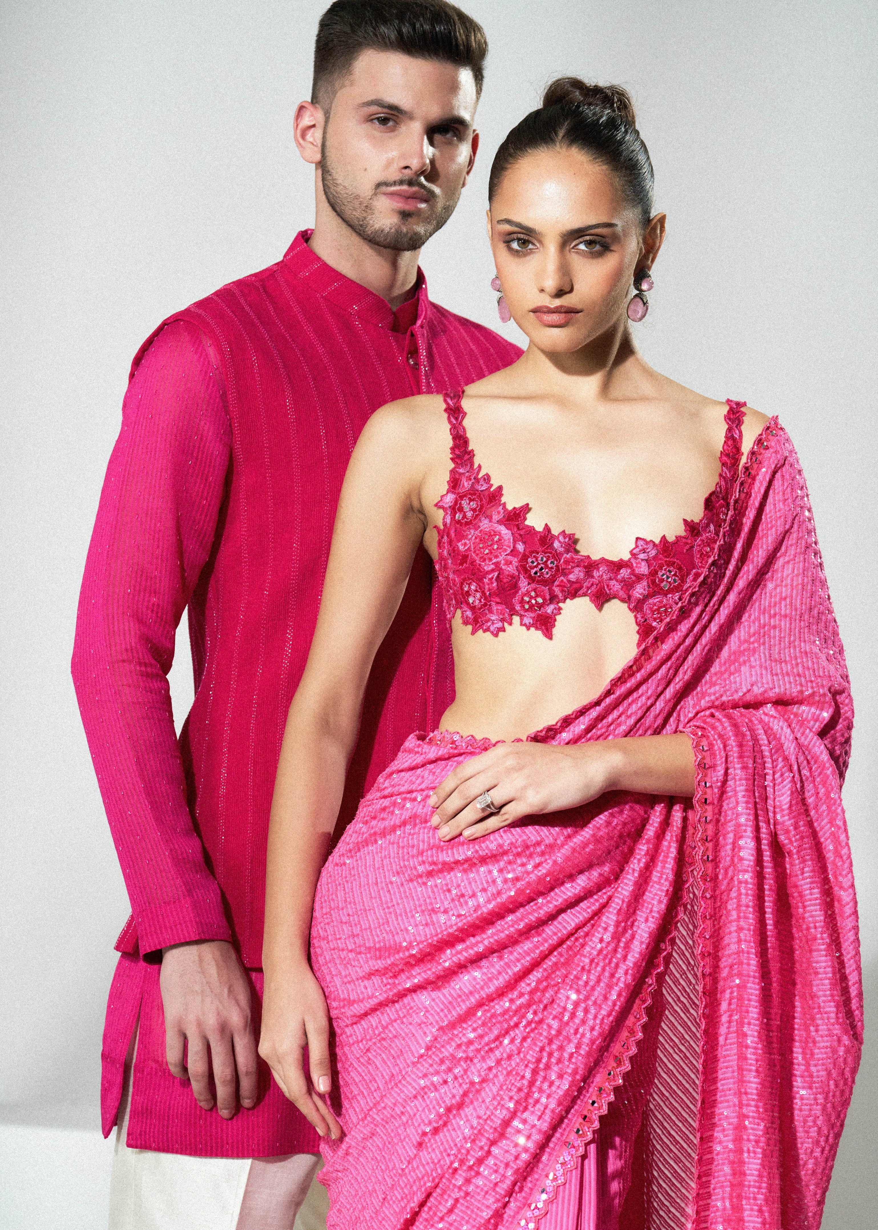 Hot Pink Cutdana Lines Nehru Kurta