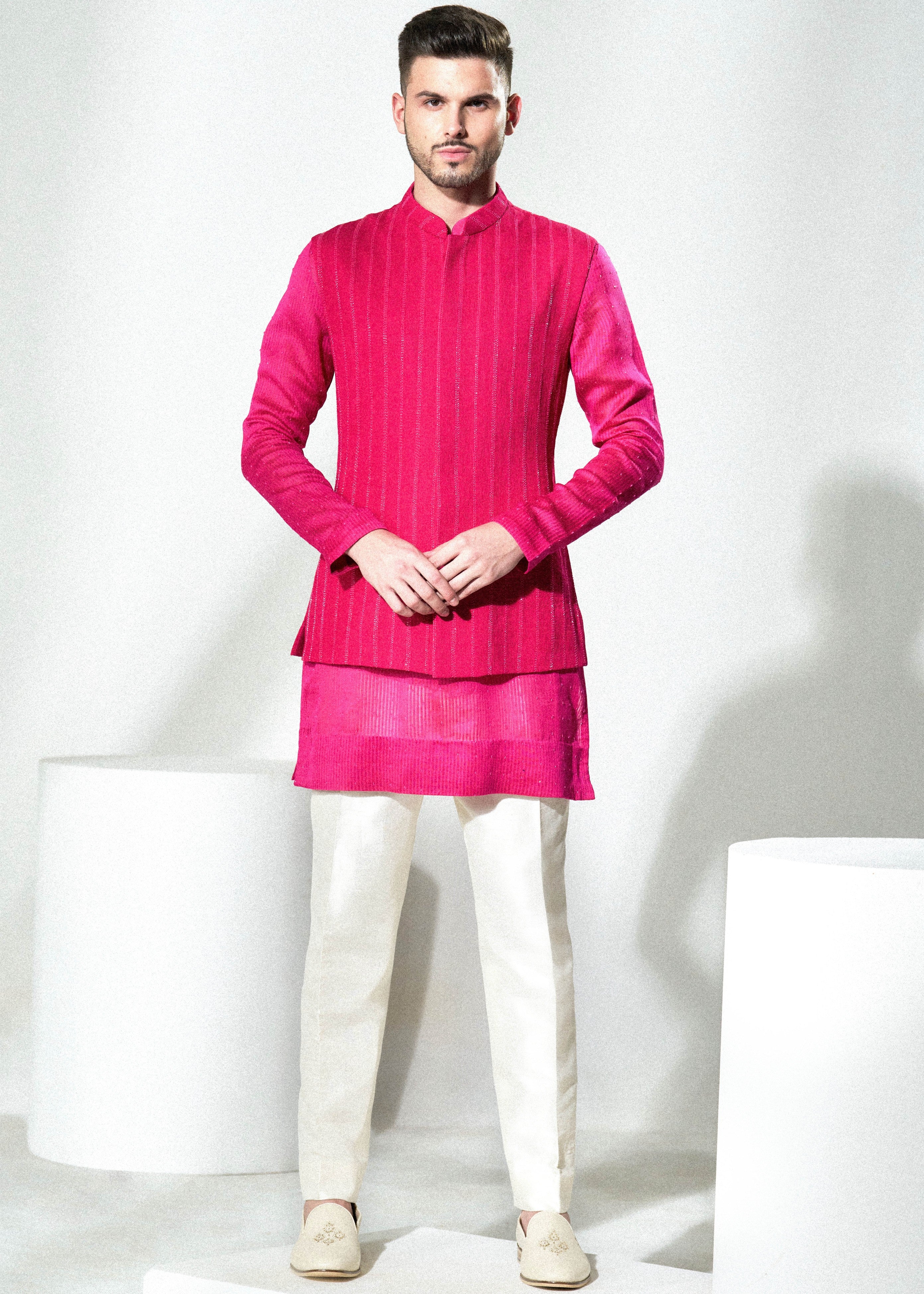 Hot Pink Cutdana Lines Nehru Kurta