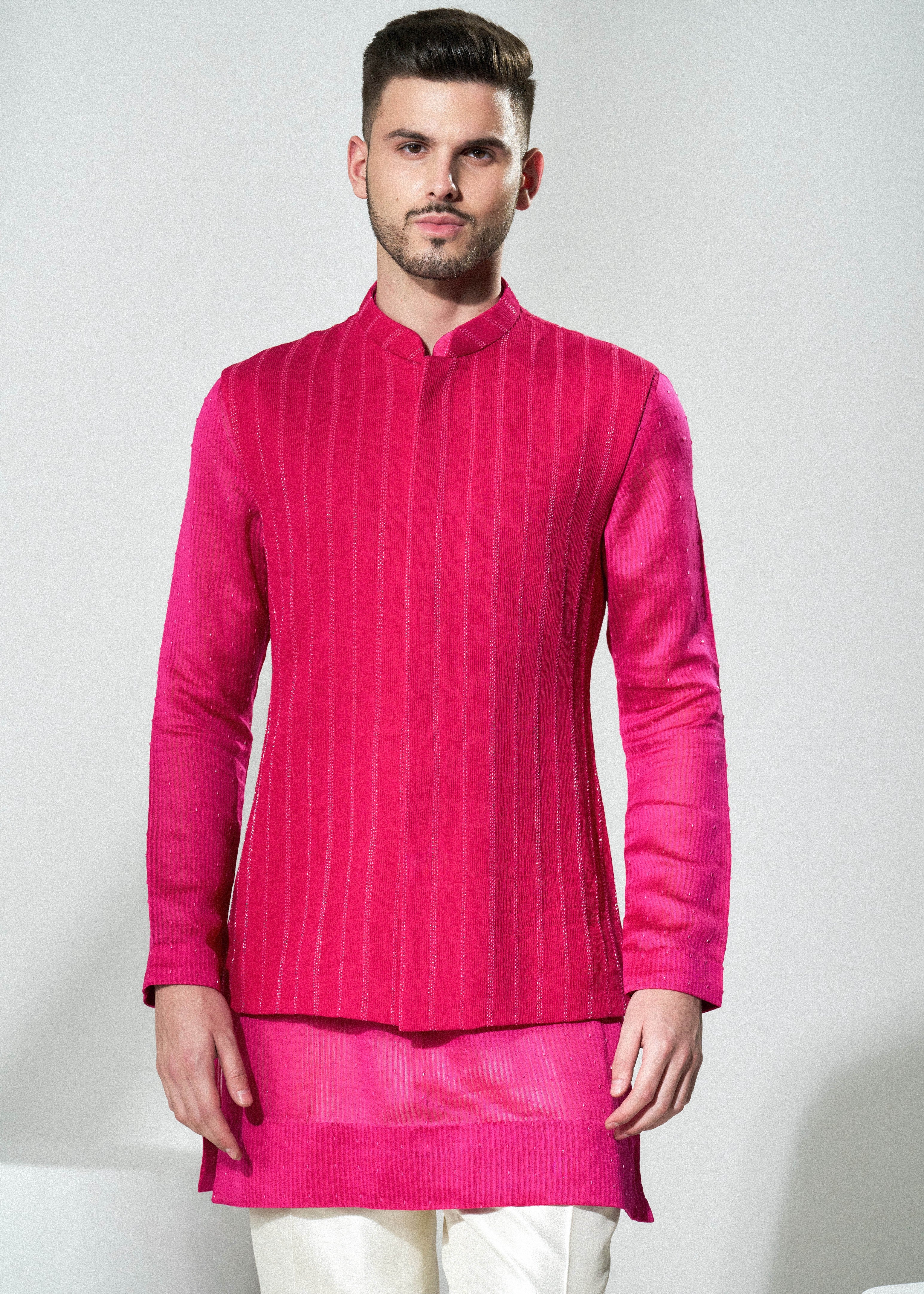 Hot Pink Cutdana Lines Nehru Kurta