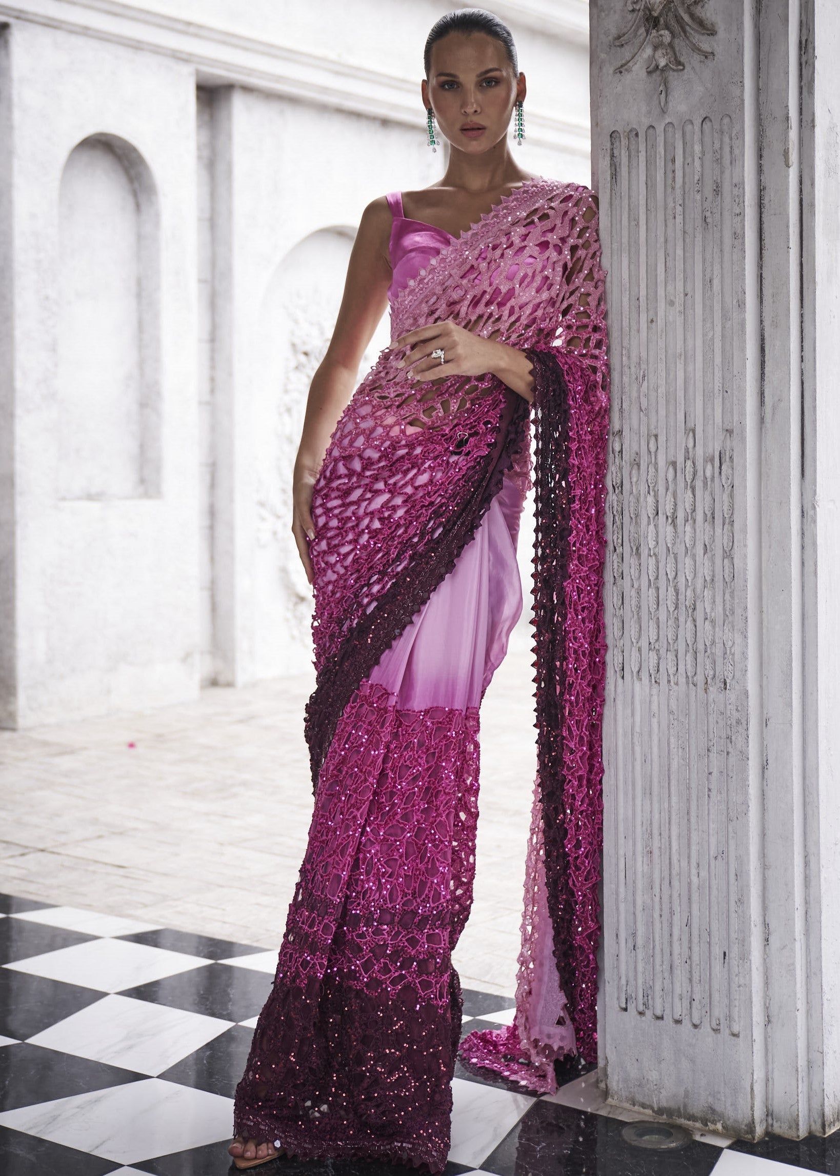 Pink-to-Wine Ombre Sari