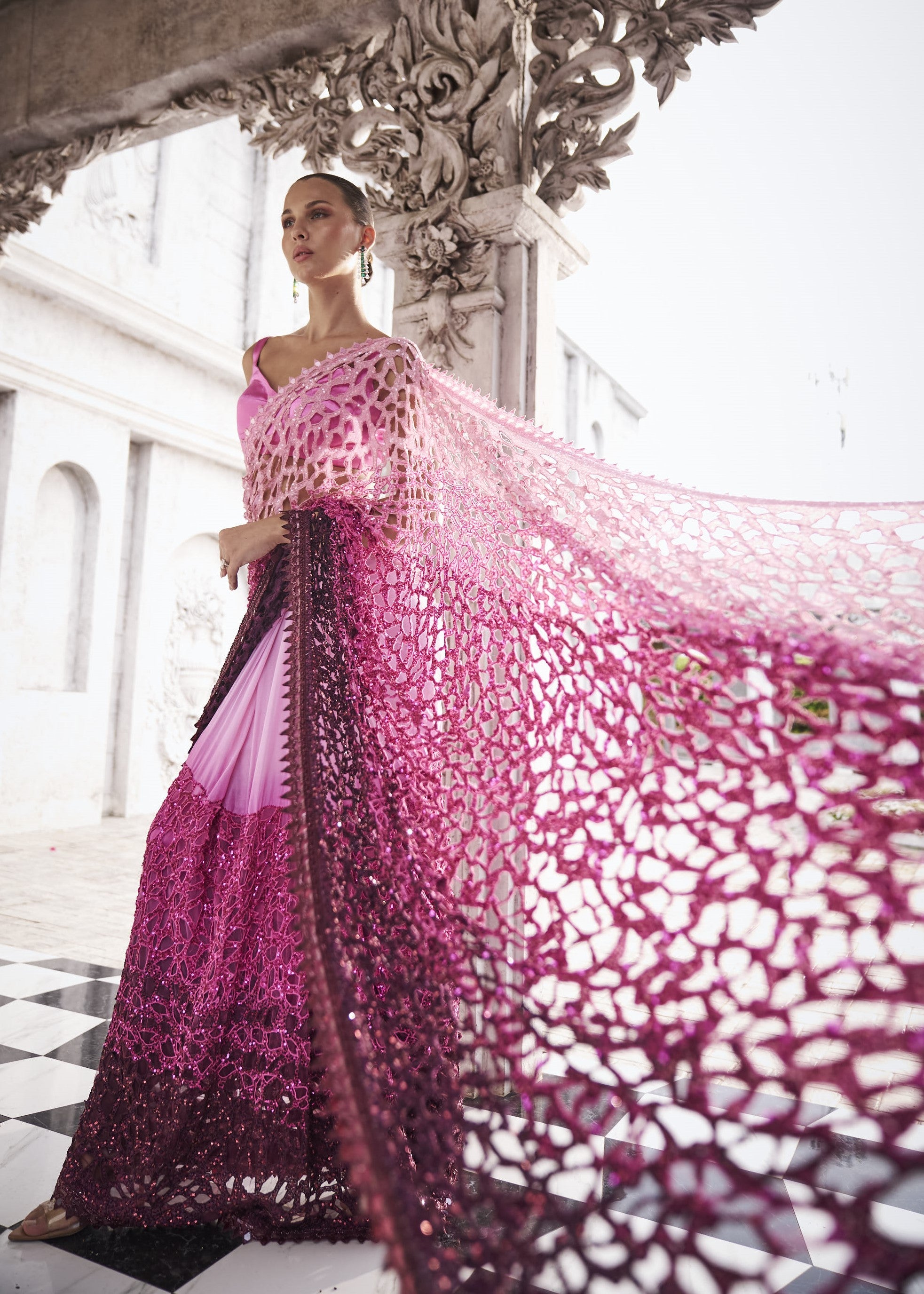 Pink-to-Wine Ombre Sari