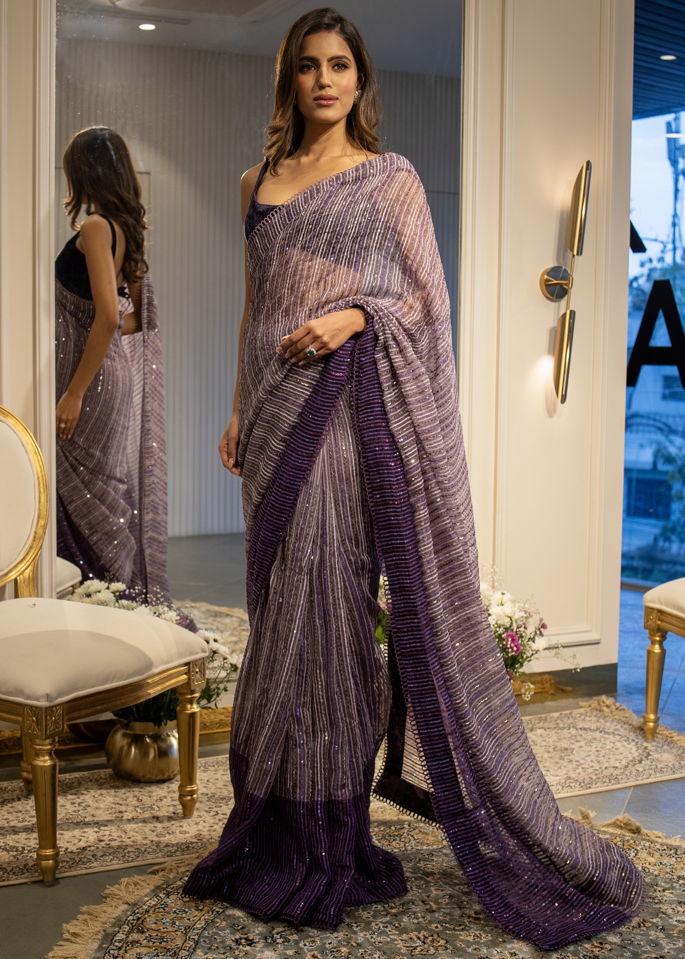 Purple Ombre Sequins Handloom Organza Sari