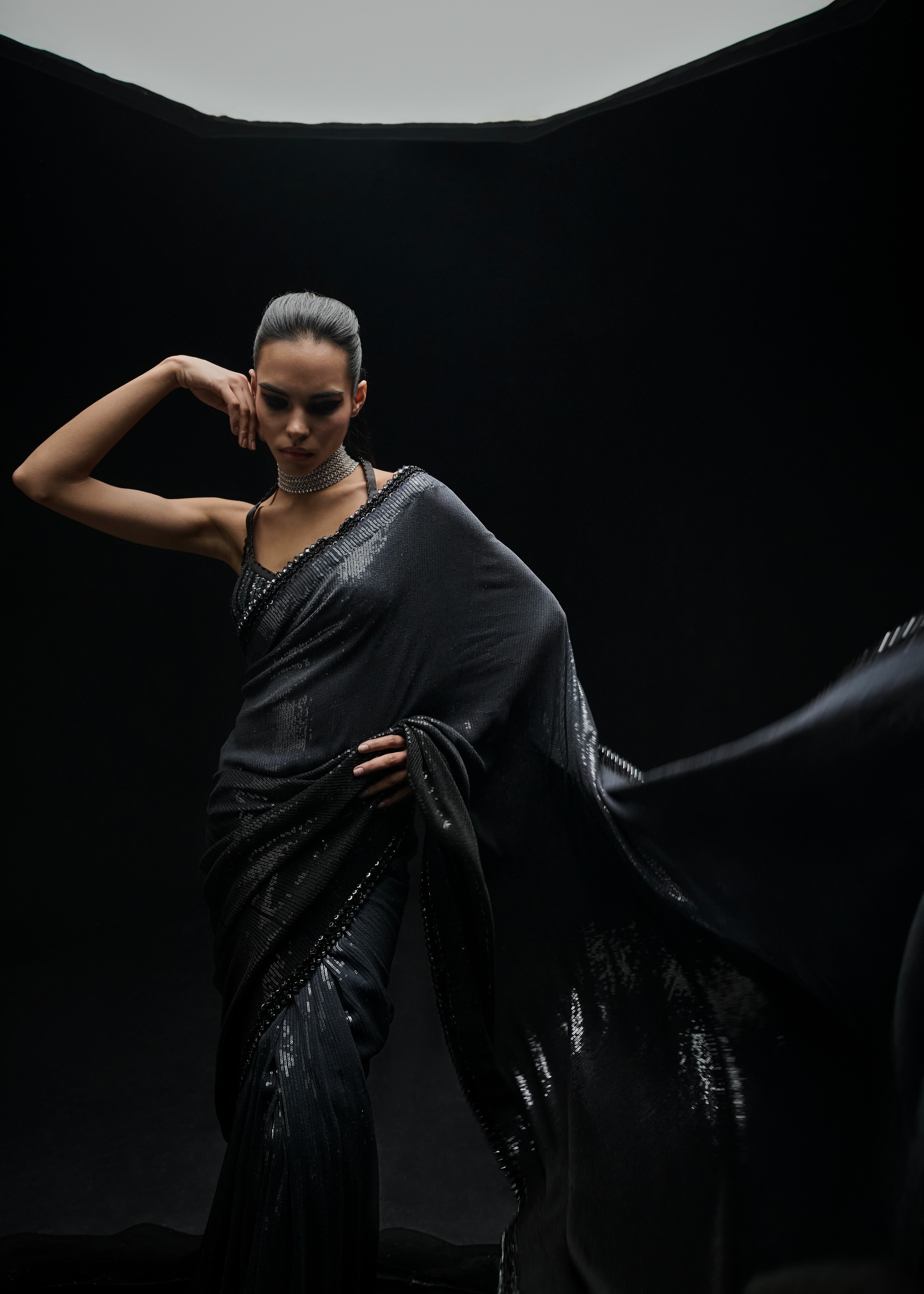 Black To Grey Ombre Sequins Sari