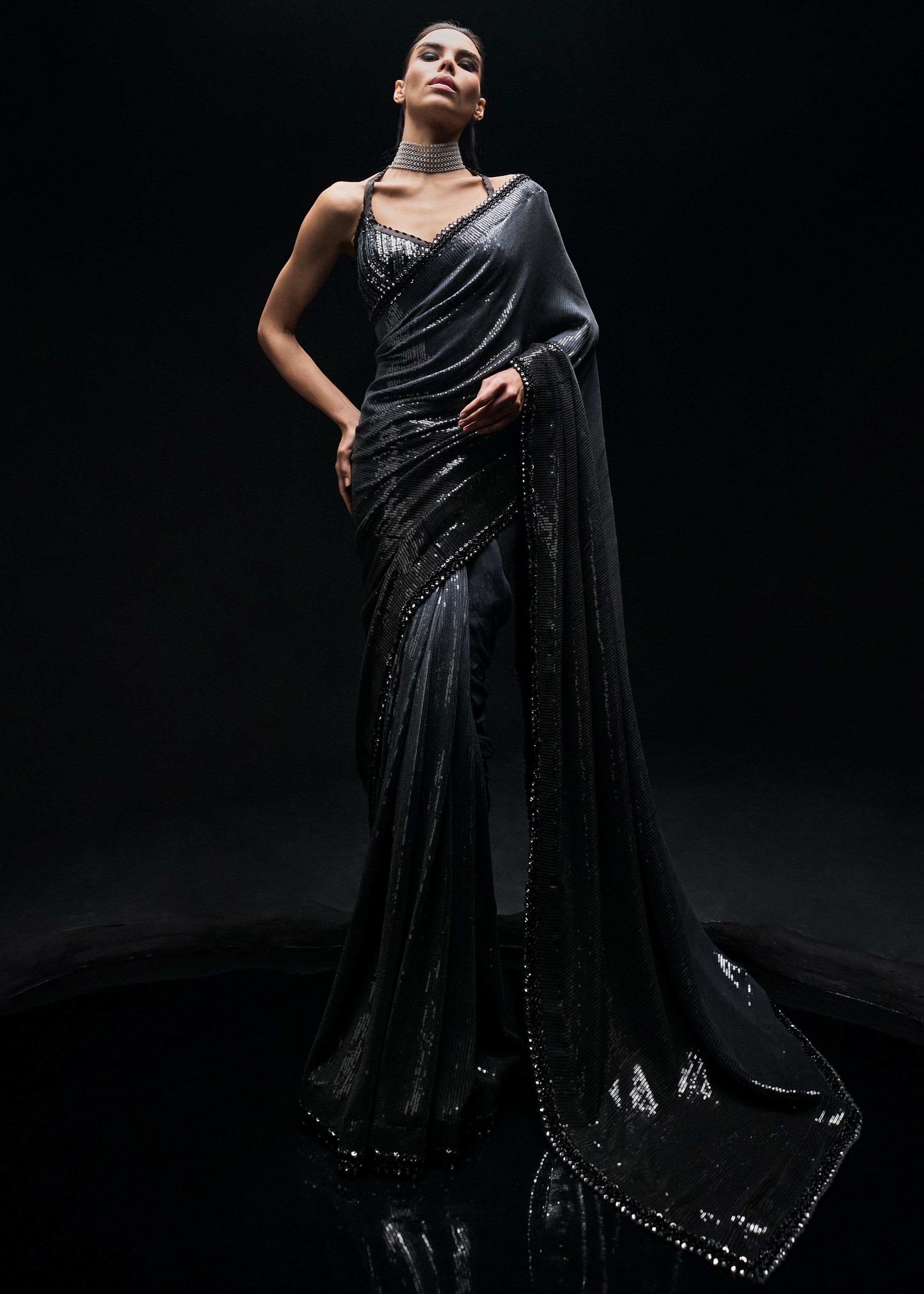 Black To Grey Ombre Sequins Sari