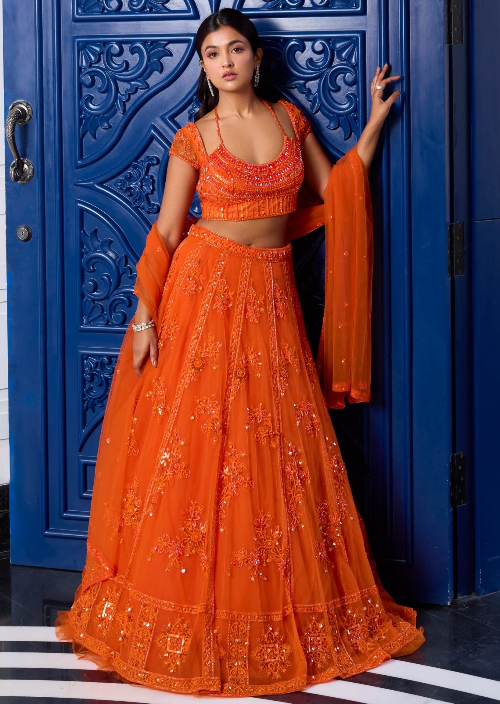 Orange Tonal Embroidered Lehenga Set
