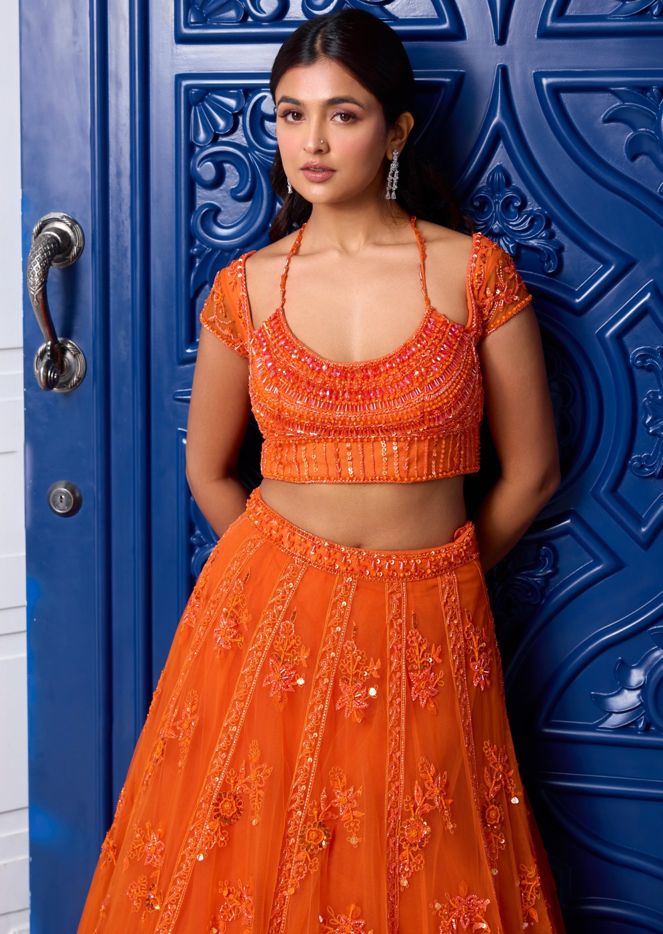 Orange Tonal Embroidered Lehenga Set